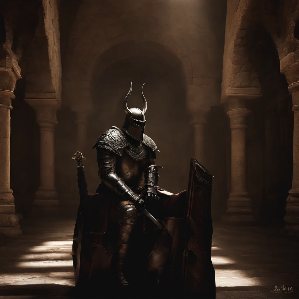 La mejor calidad, Obra maestra, Trabajo ?????, Gladiador con casco, Parte superior del cuerpo fuerte y fuerte, Sosteniendo el escudo en la mano, demon armor, salpicaduras de sangre, skulls on the floor, perfil lateral, medieval, dim room, luz corta