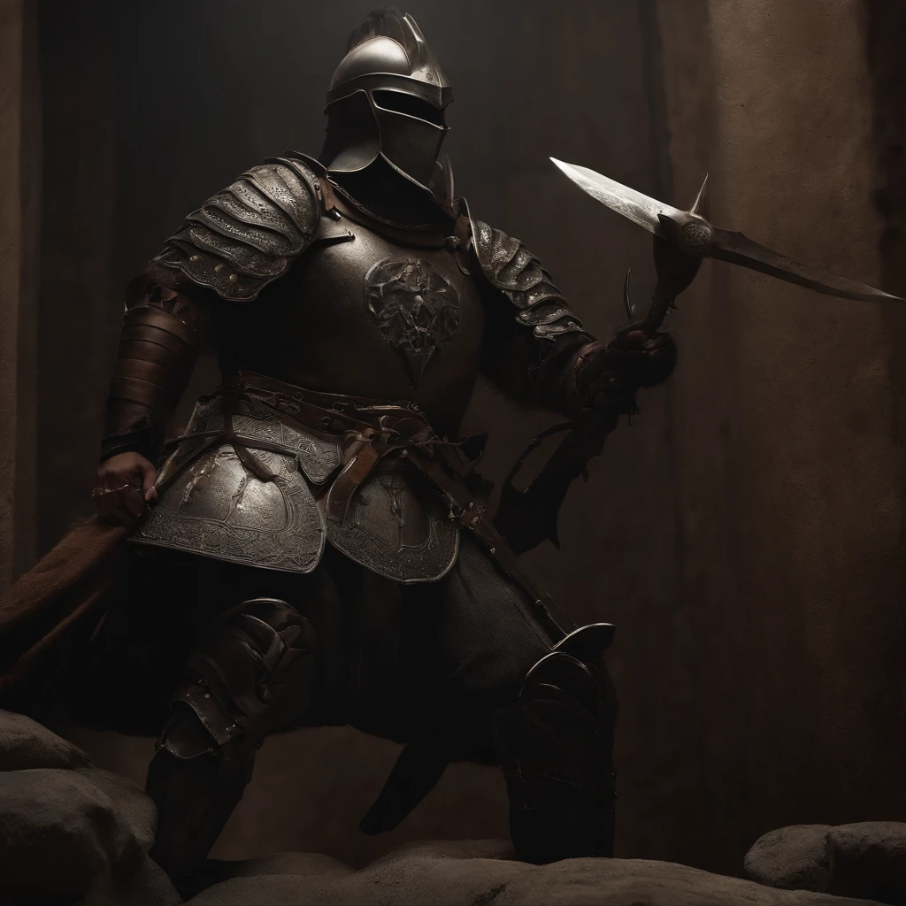 La mejor calidad, Obra maestra, Trabajo negro, Gladiador con casco, Parte superior del cuerpo fuerte y fuerte, Sosteniendo el escudo en la mano, demon armor, salpicaduras de sangre, skulls on the floor, perfil lateral, medieval, dim room, luz corta