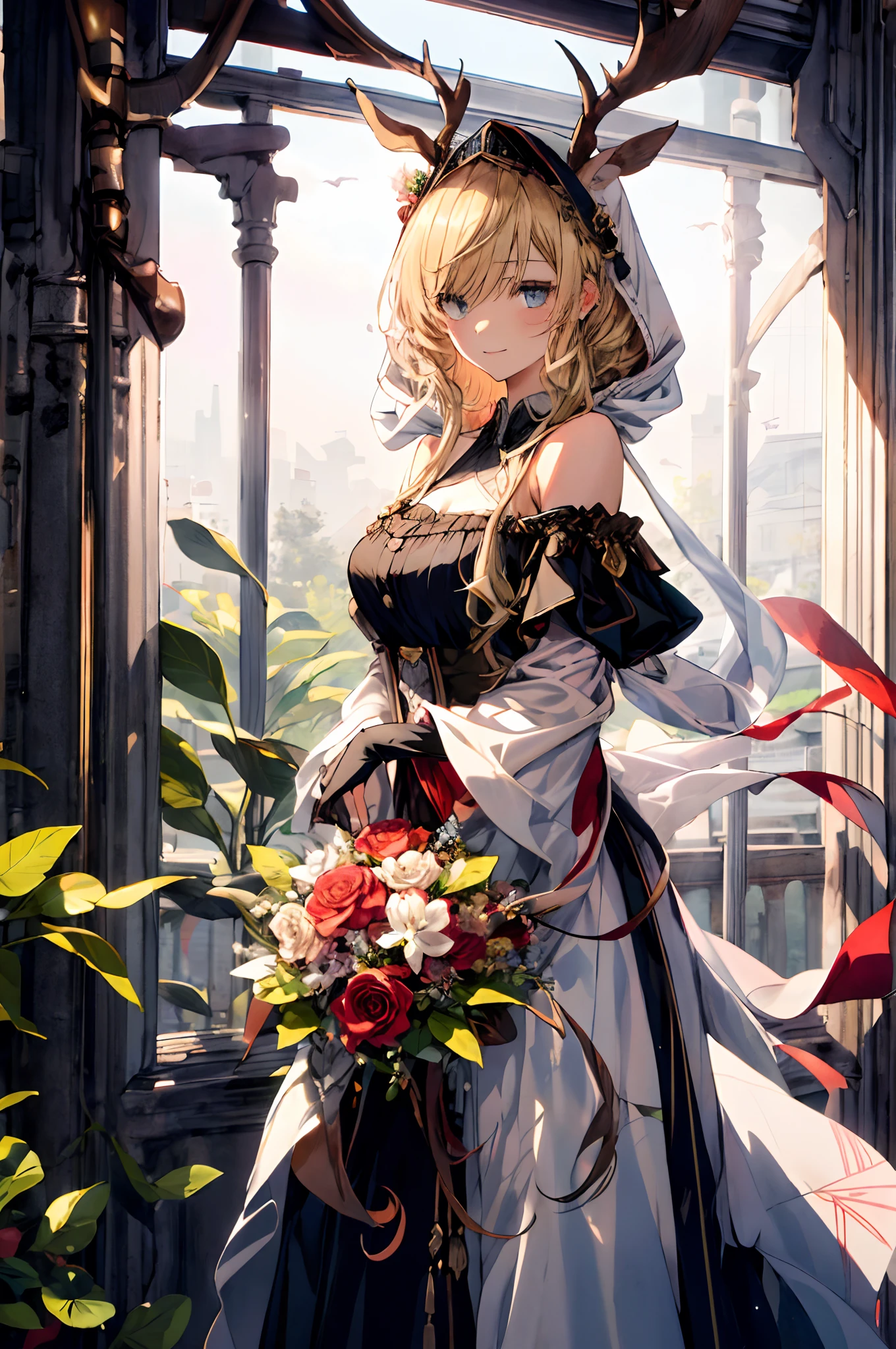 (tmasterpiece、top-quality、illustratio、Extremely high quality、high-level image quality、Extremely sensitive writing)Blonde girl standing in beautiful garden、A slight smile、She has a large bouquet、Cute national costume style dress,There are ruffles on the shoulders、Hair fluttering in the wind