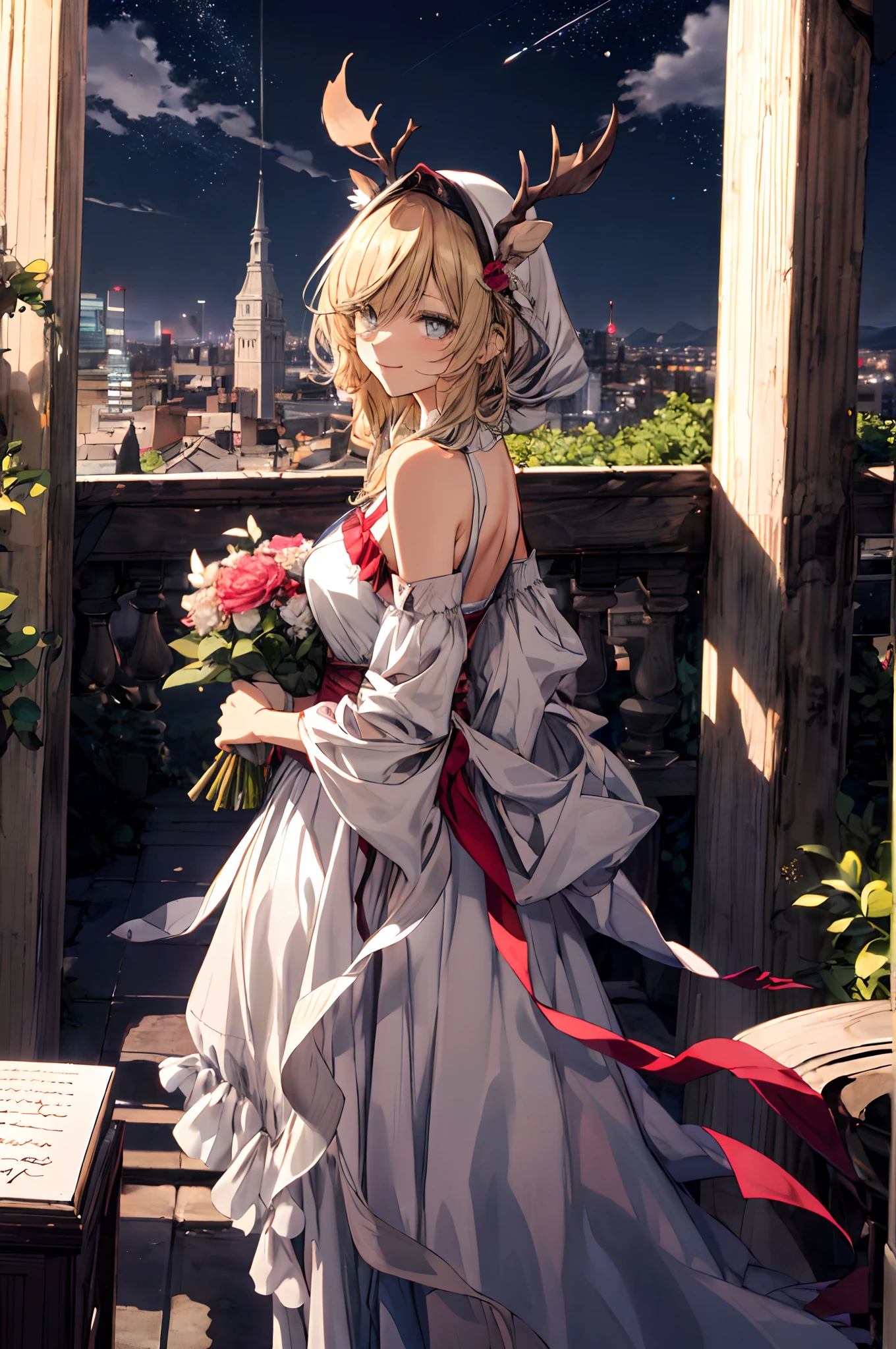 (tmasterpiece、top-quality、illustratio、Extremely high quality、high-level image quality、Extremely sensitive writing)Blonde girl standing in beautiful garden、A slight smile、She has a large bouquet、Cute national costume style dress，There are ruffles on the shoulders、Hair fluttering in the wind