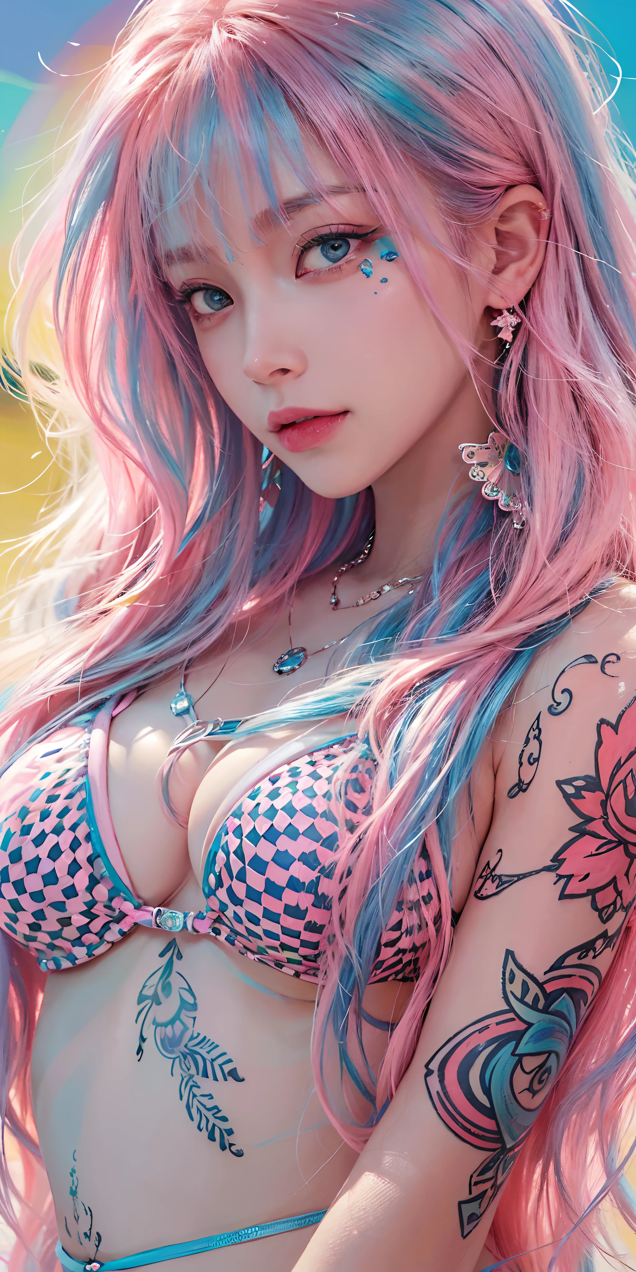 photorealistic, high resolution, soft light,1women, solo, hips up, shining skin, (detailed face),tattoo, jewelry, (rainbow color Hair,colorful hair,half blue and half pink hair:1.2), micro bikini