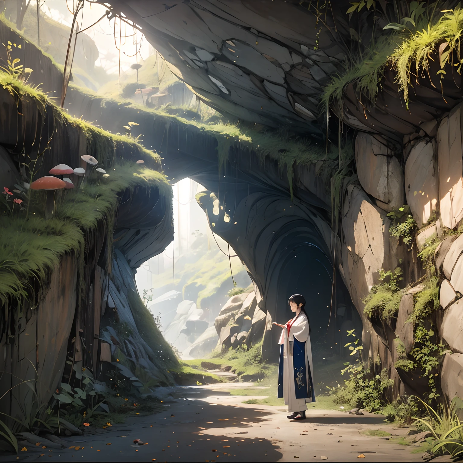 (Daisaku),(Extreme),(ultra - detailed),(scenecy),1girl,solo ,Hanfu, In a mysterious cave,The walls of the cave are covered with Ganoderma lucidum of various colors,The ground is covered with delicious mushrooms,soft sun light