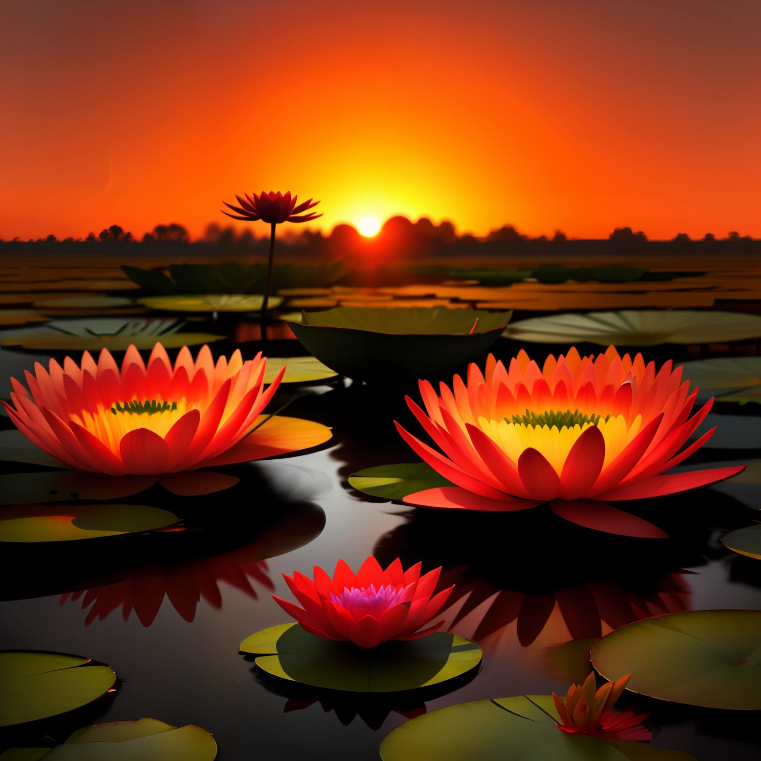 Water lilly flowers looking at the red sun with the setting sun clouding all over.8k,many details