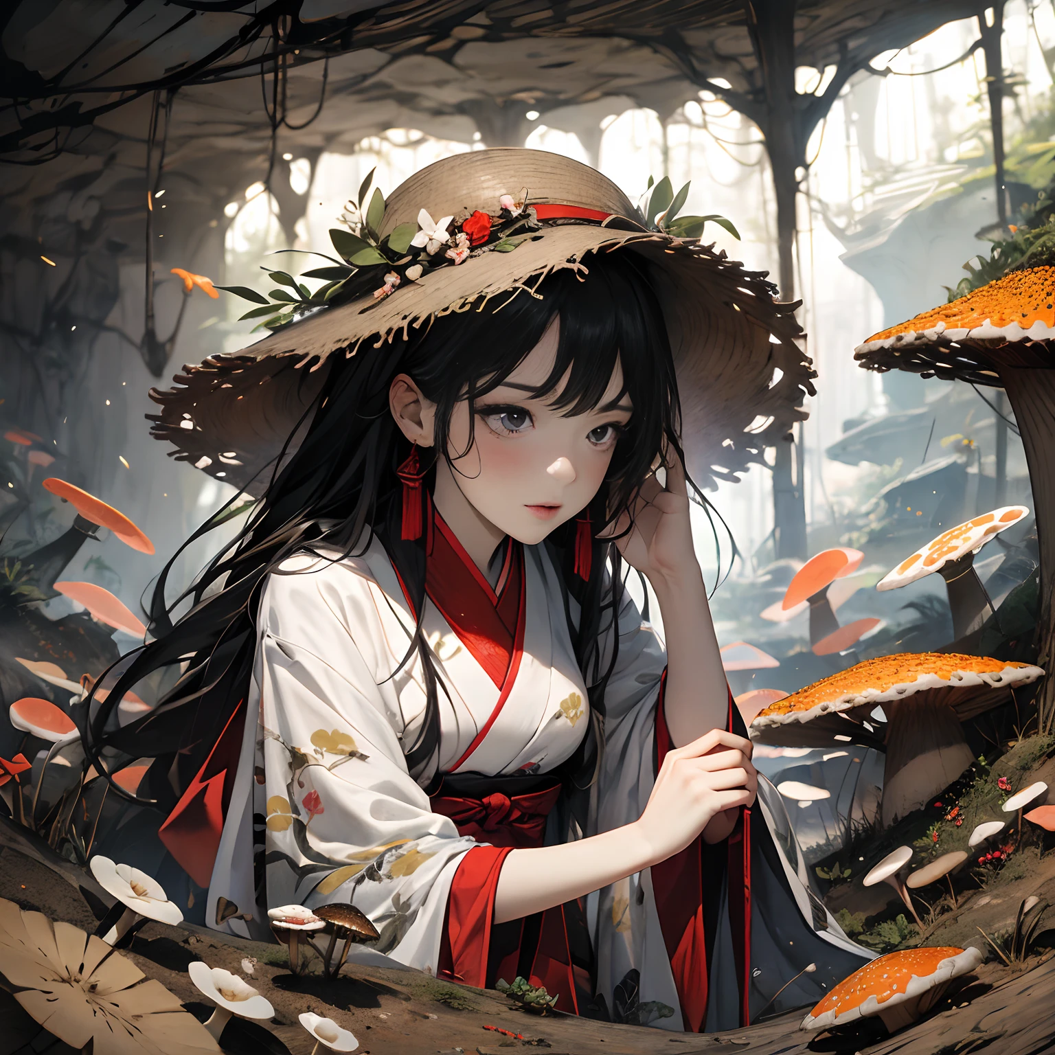 (Daisaku),(Extreme),(ultra - detailed),(scenecy),1girl,solo ,Hanfu, In a mysterious cave，The walls of the cave are covered with Ganoderma lucidum of various colors，The ground is covered with delicious mushrooms，soft sun light