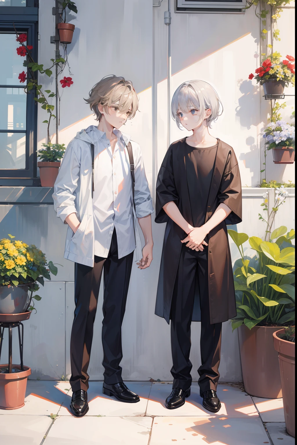 Two Boys, Silver-haired boy and brown-haired boy,Staring at a flower pot、Boys Love、Talking、hight resolution、ultra-detailliert
