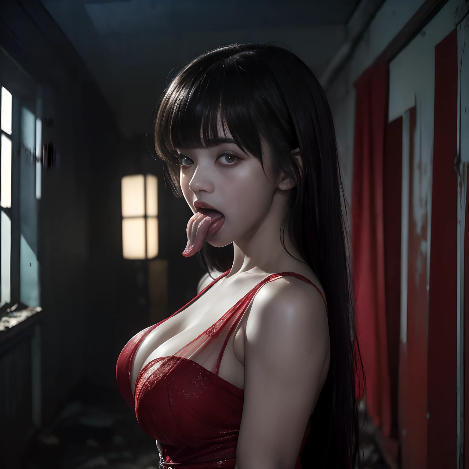 (masterpiece, Best Quality), (Ultra-realistic portrait of the ghost of Japanese woman:1.5, Black hair, Super long hair:1.3, Super long bangs:1.7, The entire face is hidden by long bangs:1.7, look down:1.2), (Japan Ghost Story, ultra gigantic tits:1.35, Excellent slim body style, Full body shot, (sheer red dress:1.5), (Standing in an abandoned house in the Japan, tongue out:1.7, Dark atmosphere:1.55, Darkness of the night:1.55),