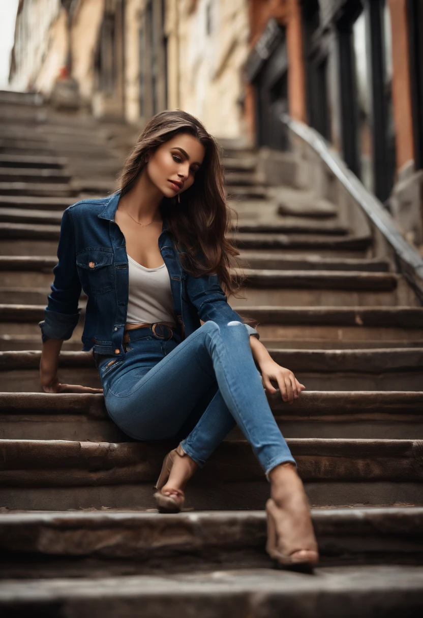 brunette, 1girl, cute, stairs, jeans, young, skinny, (3N1DS1NCL41R:0.9), realistic photo, extreme detail, street photo, {best quality}, {{masterpiece}}, {highres}