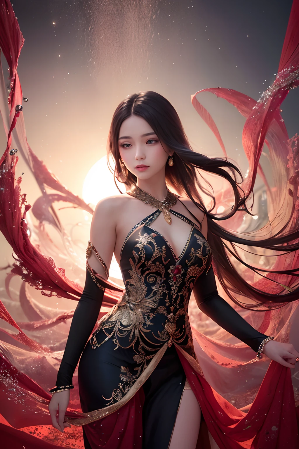 A poetic photography capturing a girl in elegant jin clothes, surrounded by swirling ink fluid effects. The girl's attire is adorned with intricate patterns, and she stands gracefully amid a sea of red and black. Her expression is serene as she gazes into the distance, lost in thought. The ink fluid gracefully dances around her, creating a dreamlike ambiance. Photographed in an intimate setting with soft lighting.