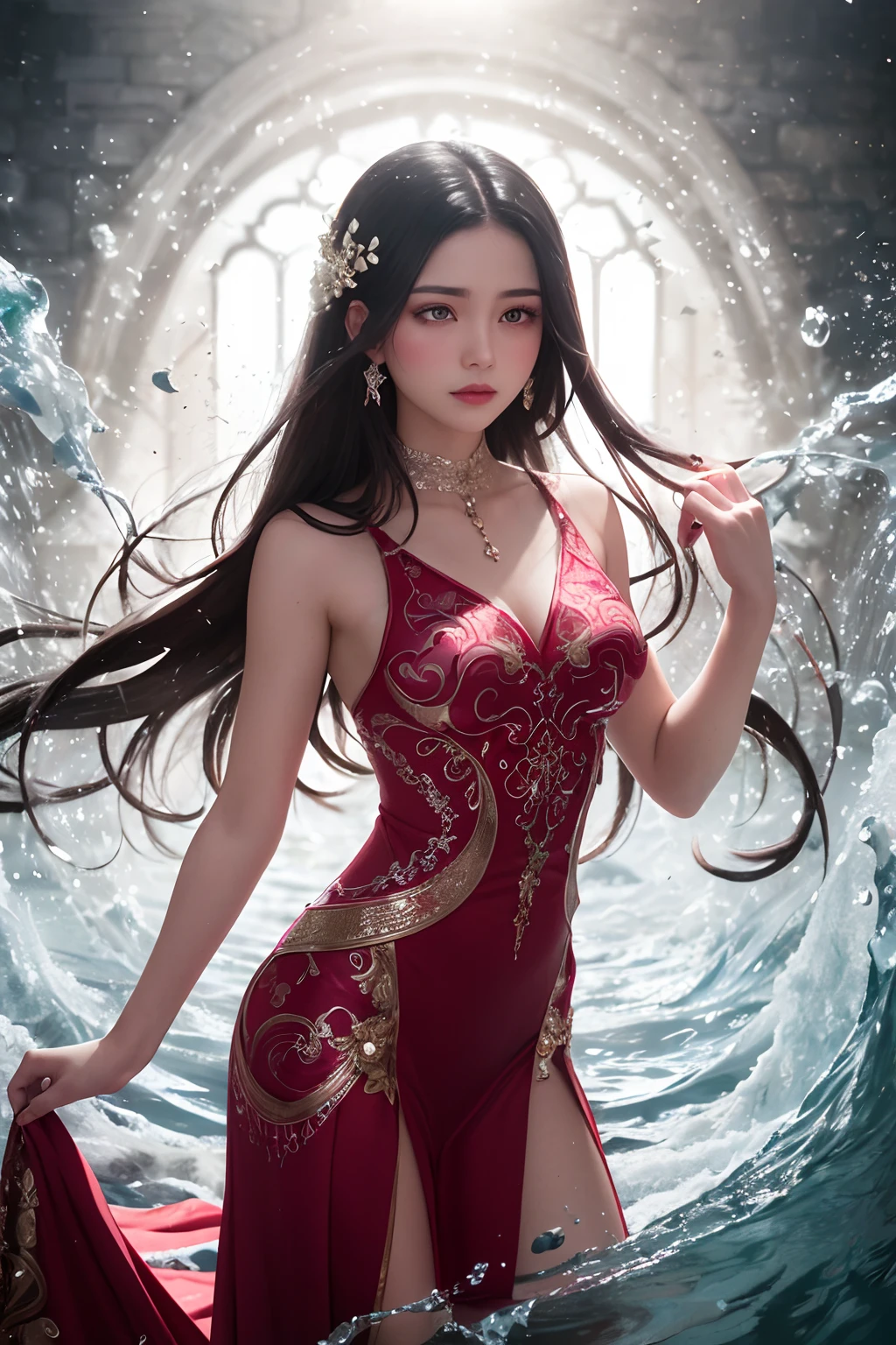 A poetic photography capturing a girl in elegant jin clothes, surrounded by swirling ink fluid effects. The girl's attire is adorned with intricate patterns, and she stands gracefully amid a sea of red and black. Her expression is serene as she gazes into the distance, lost in thought. The ink fluid gracefully dances around her, creating a dreamlike ambiance. Photographed in an intimate setting with soft lighting.