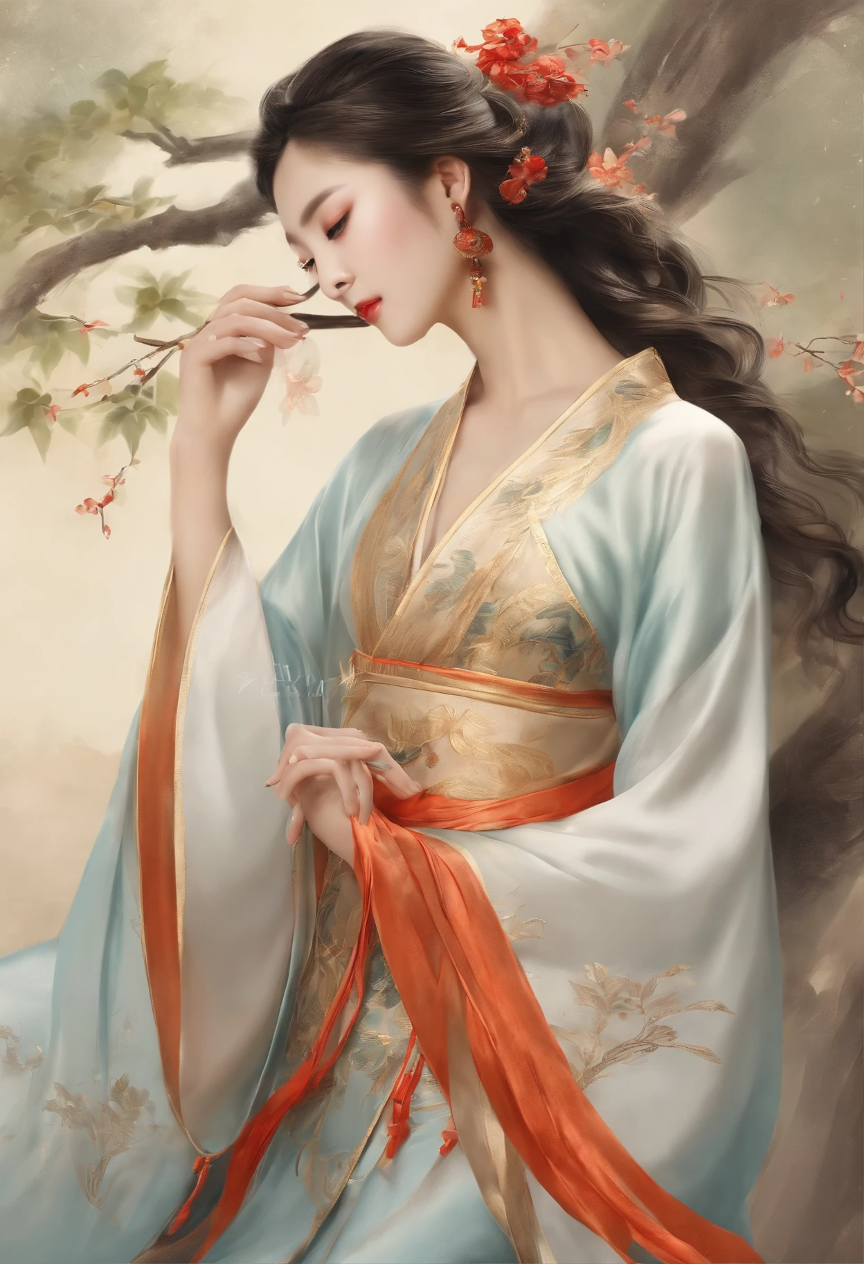 A beautiful dancer in ancient China,delicate lines,gorgeous costumes in ancient China,delicate and vivid,shy face,willow leaf eyebrows,personality depiction,coiled hair,gold leaf,flowing clouds,watercolor,crane surrounding,ink painting,gentle eyes,meticulous, color scheme,exquisite clothing patterns,by Gu, Kaizhi,Zhang Xuan,professional color grading,realistic style,soft shadows,clean and sharp focus,Flim photography,Panoramic View,32K --v 6