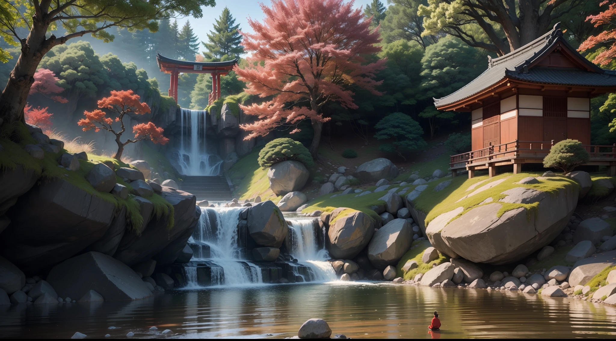 A 60 years old Japanese martial art Sensei (teacher) tech the studends new karate's tricks, in the old temple where small waterfall river, beautiful red trees, peacefull environment, birds are sit on the tree, highly detailed texture, 8K UHD, shoot with Sony alpha a7.