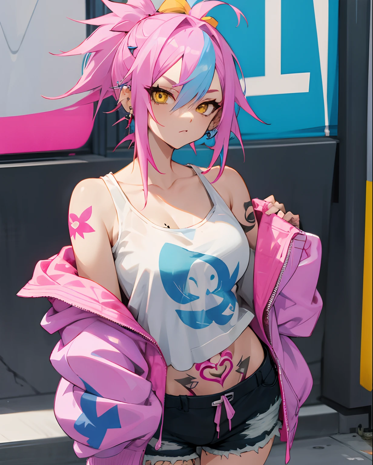 Woman, pink hair with blue streaks, tattoo, piercings, off-shoulder hoodie, white tank top, street, shorts, Anime, delinquent, yellow eyes