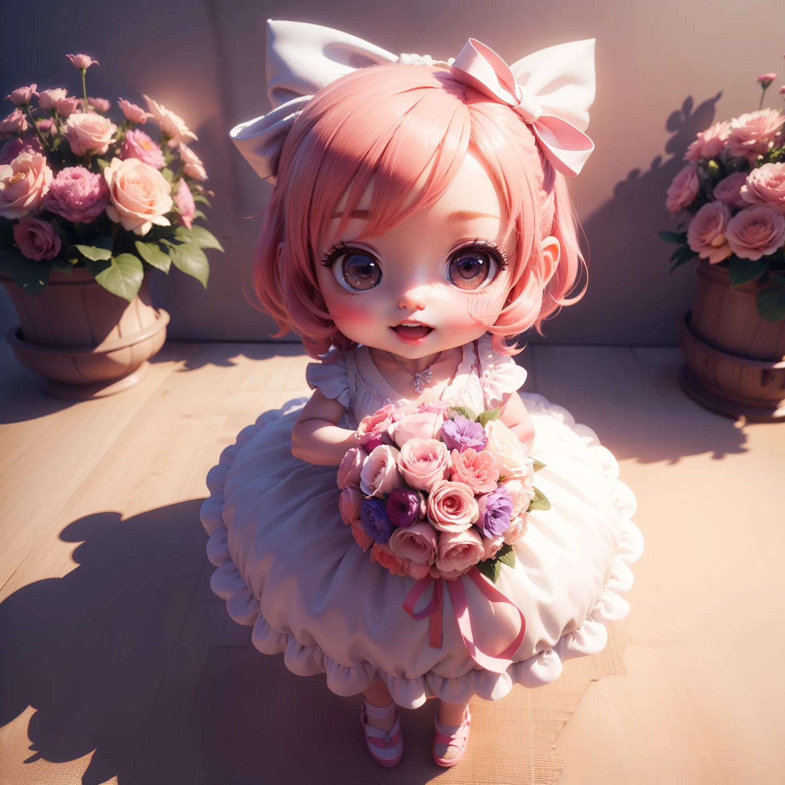 Cute  Chibi Anime、(((Chibi 3D))) (Best Quality) (masutepiece)、Super gorgeous, colorful, wrapped: 1.7 and ribboned: 1.7 bouquet offering fairy larger: 1.7 than your face, 32K, masterpiece:1.4, super resolution, super detail, super photographic style, illustration, super detailed Large Casablanca bouquet、Open your mouth and smile、Standing