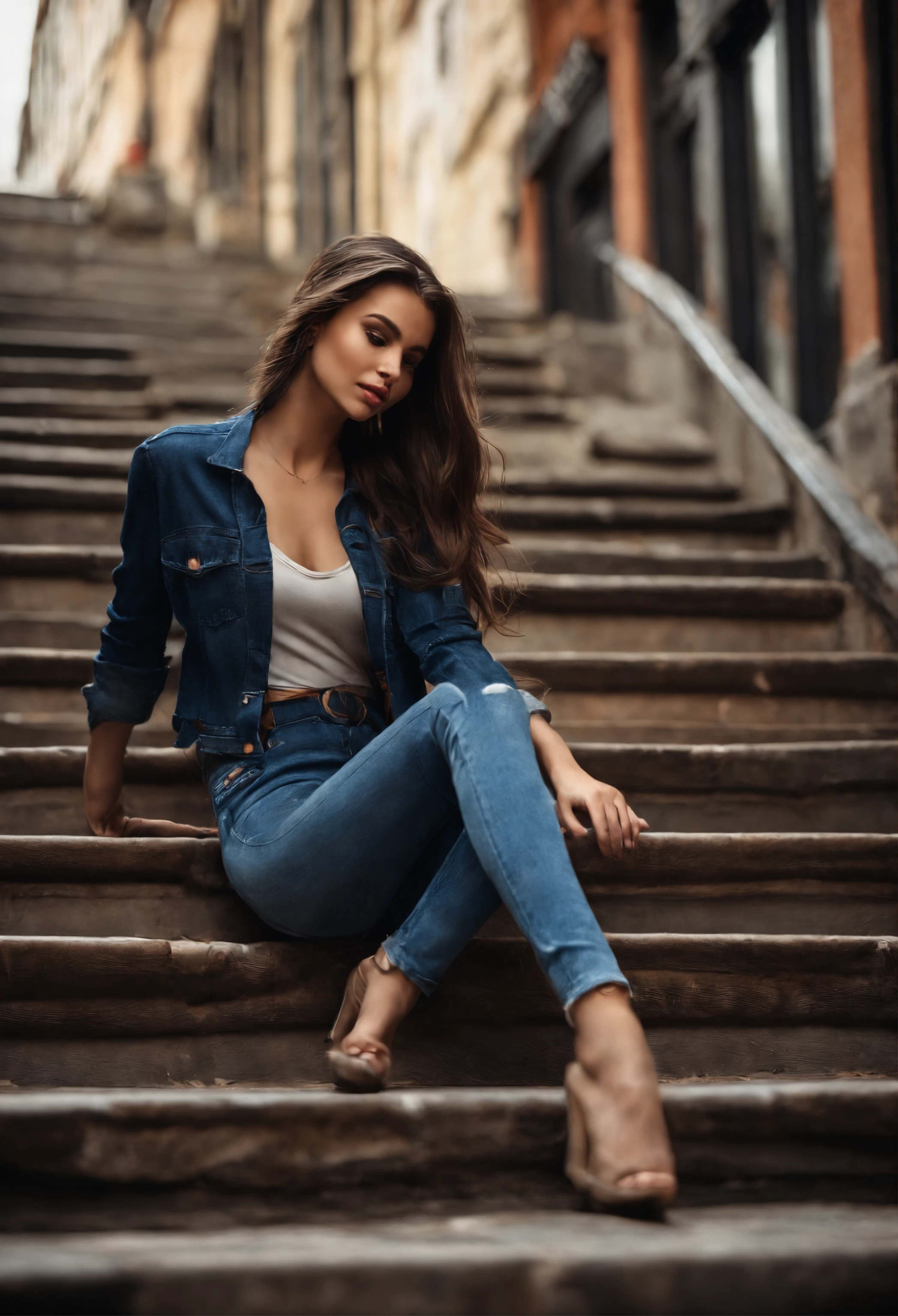 brunette, 1girl, cute, stairs, jeans, young, skinny, (3N1DS1NCL41R:0.9), realistic photo, extreme detail, street photo, {best quality}, {{masterpiece}}, {highres}