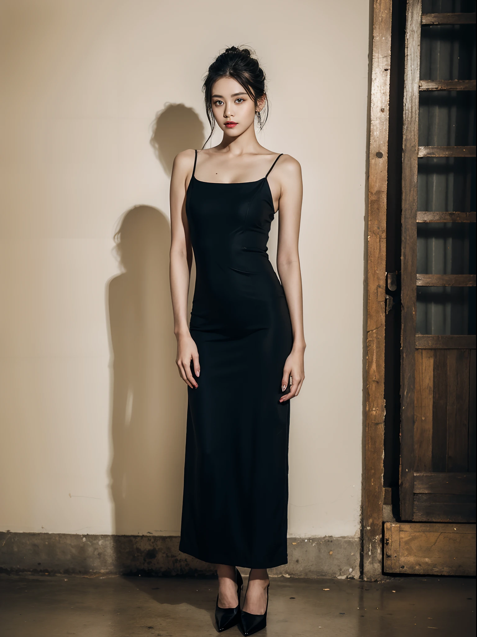 (RAW photo:1.2), (Photorealistic:1.4),Beautiful detailed woman, very detailed eyes and faces, A detailed eye, ultra - detailed, A high resolution, The is very detailed,best qualtiy,unified,8k 壁纸,tmasterpiece,best qualtiy,1girll,独奏,Black color hair,upper legs,are standing,tightly dress,black thighhigns,high-heels,looking at viewert,realisticlying,long whitr hair,Artist name,Black shoes