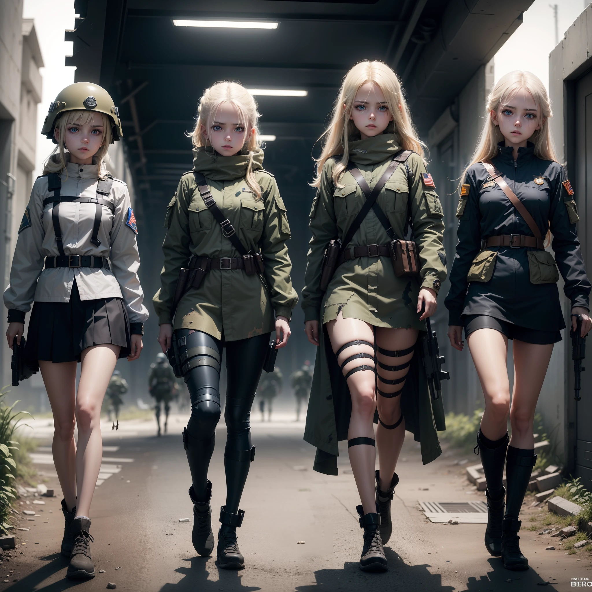 Three Ukrainian girls heading to the battlefield , Ukrainian anime girls , , Ukraine , Full body composition of young girl with messy bright blonde hair, eye make up, 13 year old, Soft lighting, Solo, Old torn dirty shabby futuristic military uniform, badges, Pose, Blotch color, Octane Render, Hyperrealistic intricate detail, Cinematic, 8K resolution, 70mm, Accent Lighting, Global Illumination, Full body portrait, clean detailed faces, intricate clothing, Cute face, flat chest, Slim waist, Slim legs, small hips,Ordinary soldier clothes,Wearing a helmet,Holding a gun