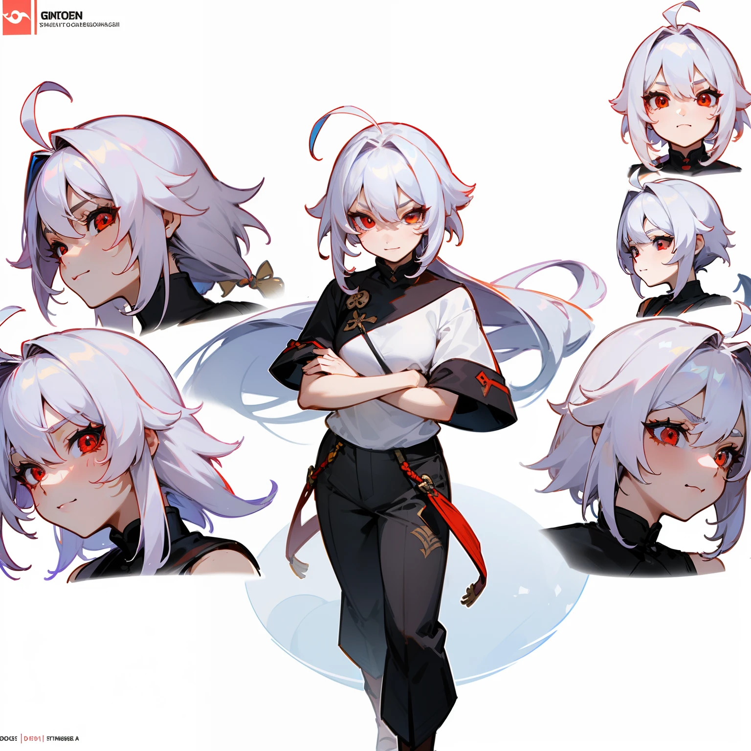 ((masterpiece)), ((high detail)), 1girl, ((ultra-detailed)),((delicate face)), Beautiful detailed eyes, gradient hair,hairs between eyes,1girl ,solo,white hair,red eyes,genshin_impact,white background, look at the camera, standing,A seductive wide smiling face,((aggressive face)),((ahoge)), character design, The front of the character, The back of the character, the sides, Crossed arms pose there are 4 image panels, full body, Pekaloons trousers, white shoulder-length t-shirt,