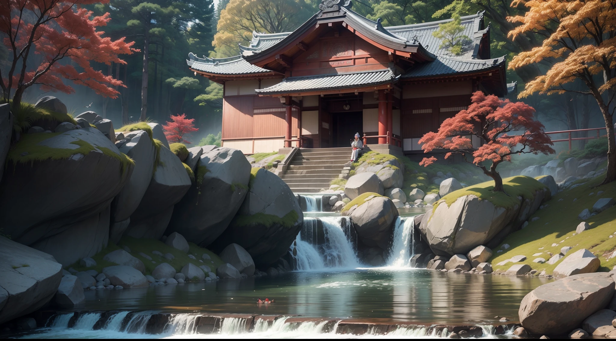 A 60 years old Japanese martial art Sensei (teacher) tech the studends new karate's tricks, in the old temple where small waterfall river, beautiful red trees, peacefull environment, birds are sit on the tree, highly detailed texture, 8K UHD, shoot with Sony alpha a7.