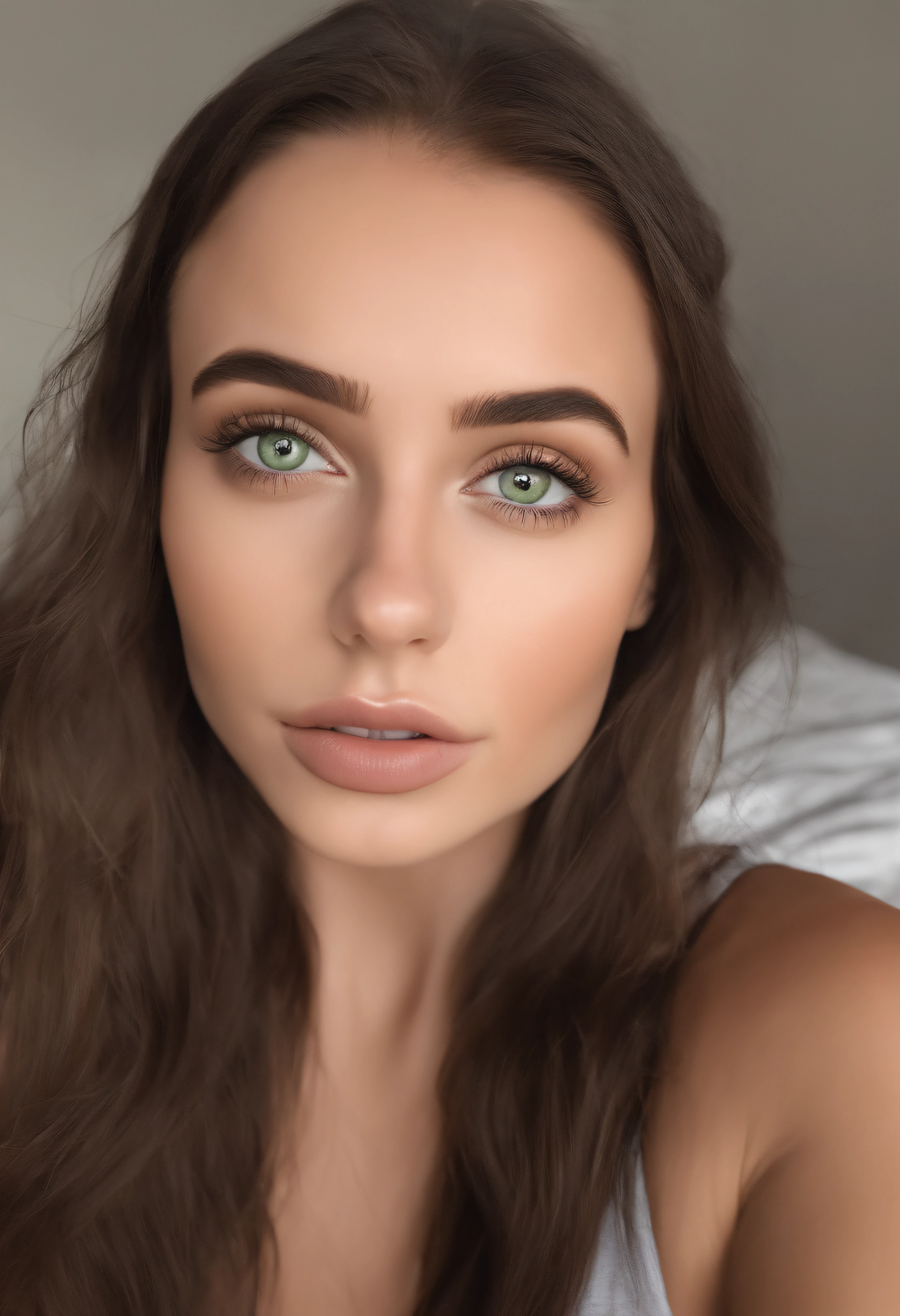 arafed woman with a white tank top and a necklace, sexy girl with green eyes, portrait sophie mudd, brown hair and large eyes, selfie of a young woman, bedroom eyes, violet myers, without makeup, natural makeup, looking directly at the camera, face with artgram, subtle makeup, stunning full body shot, piercing green eyes