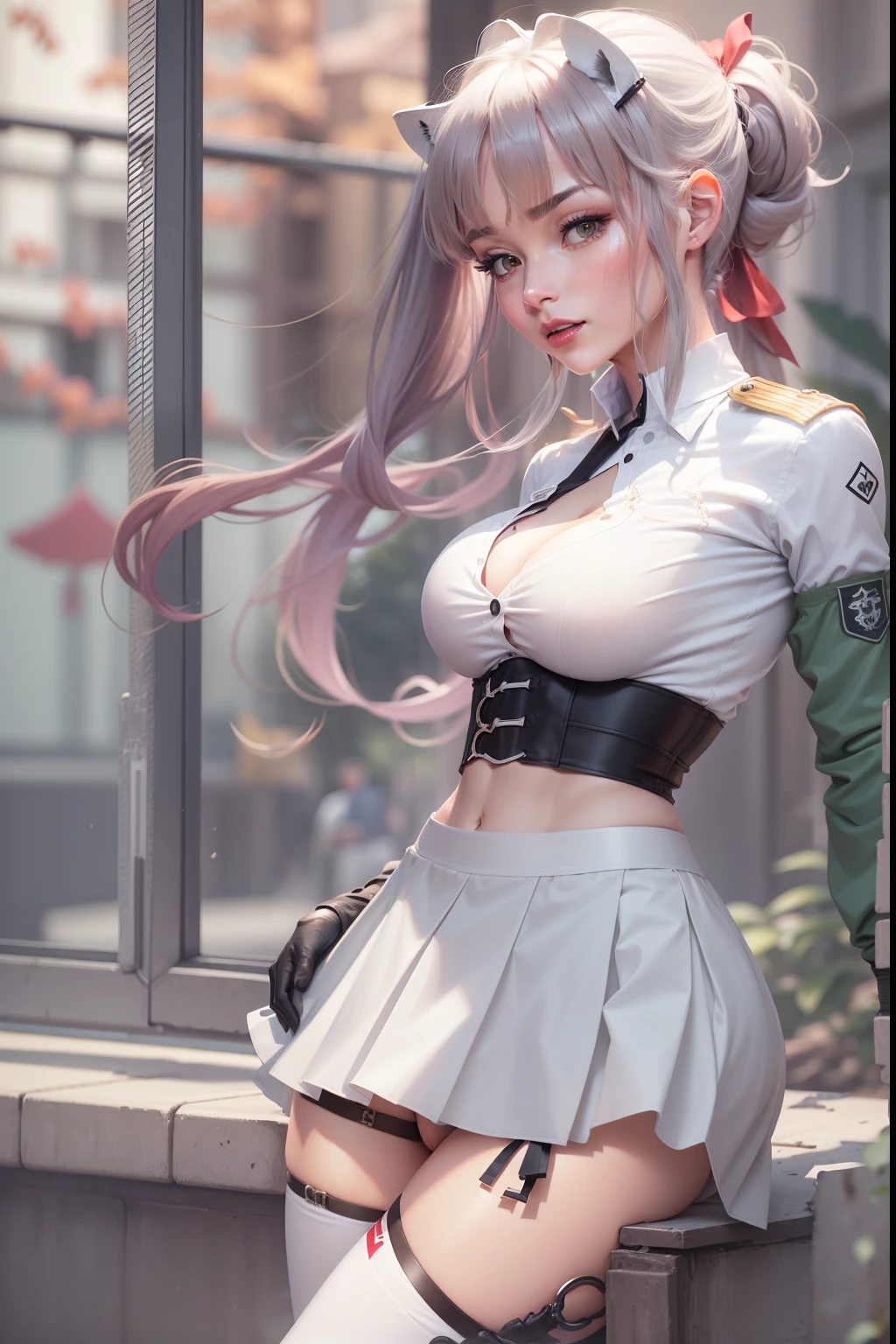 1 woman, 25 years, 独奏, ((Adult woman)), ((Muscular woman)), ((Evil Green)), evil smirk, red-lips, Long hair, white colored hair, red eyes, Long hair, braided ponytail, hair ornament, Bangs, wide shoulders, elastic hips, elastic ass, Elastic breasts, makeup, red eyeshadow, blusher, ((medium boobs)), ((Slim waist)), ((Slim ass)), clothes lift, Stockings, black stockings, blusher, bellybutton, Shirt, mouth hold, clothes lift, skirt lift, lifted by self, white shirt, shirt in mouth, underbreasts, Clothes in the mouth, bow panties, tshirt, No bra, short sleeves, gloves, uniform, white gloves, military uniform, Military, lifted by self, (cameltoe:1.3), Indoors, Bangs, Window, skirt lift, red skirt, long sleeves, skirt lift, , large breasts, Elastic breasts, elastic hips, (Detailer:1.3), (Realistic:1.3) squatting cowgirl position, ass pov, 1.3), (cameltoe:1.0), (Detailed: 1.0), beste-Qualit, 4k, High image detail, (Realistic:1.0), (detailized face: 1.0), (A clear body figure: 1.0), On the street in the park, Green trees in the background, simple blurred background