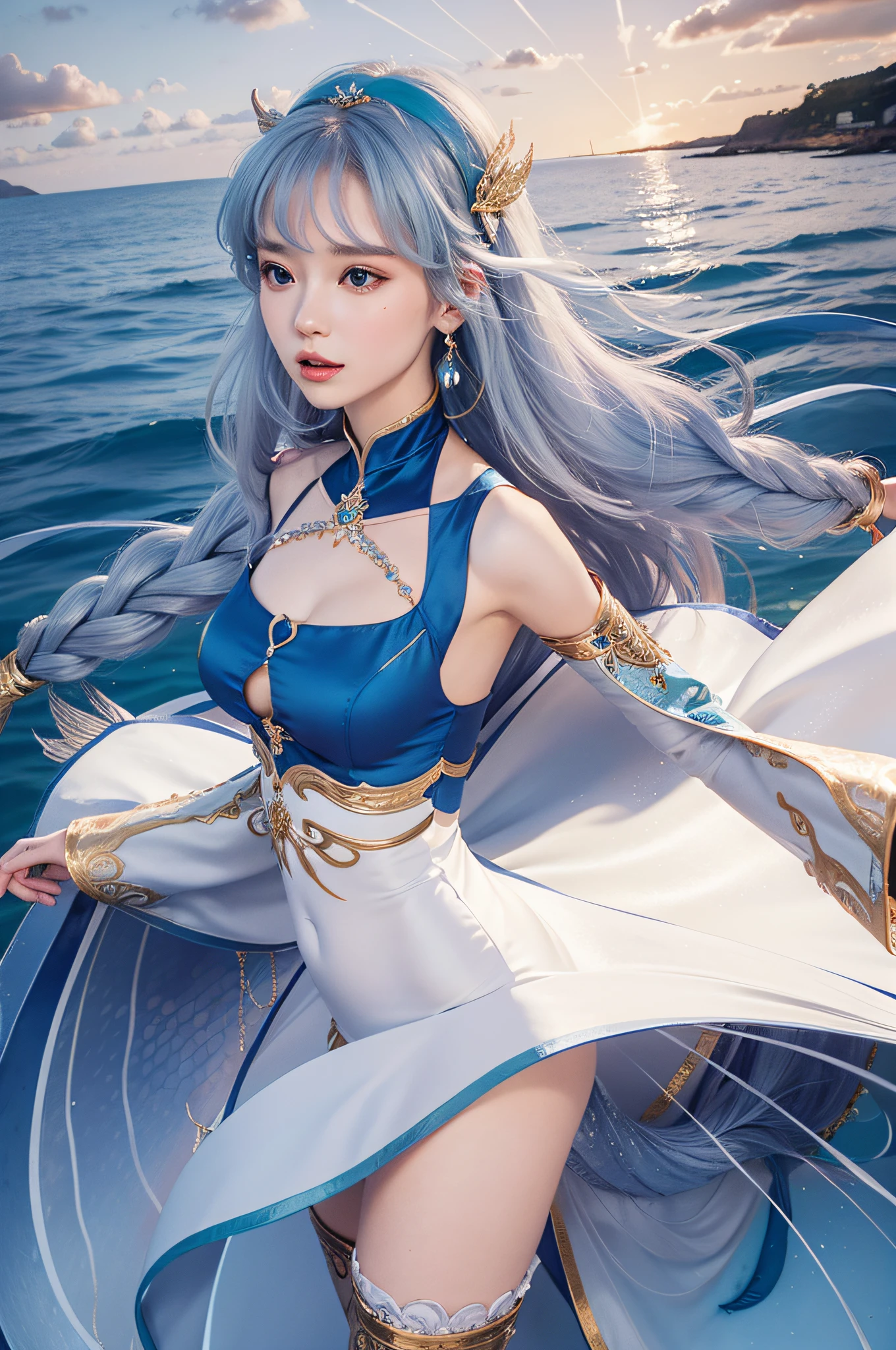 female, white long hair, wearing blue aqua dress elegant with gold line, the stomach is open, Mermaid horn headband, photorealistic, masterpiece