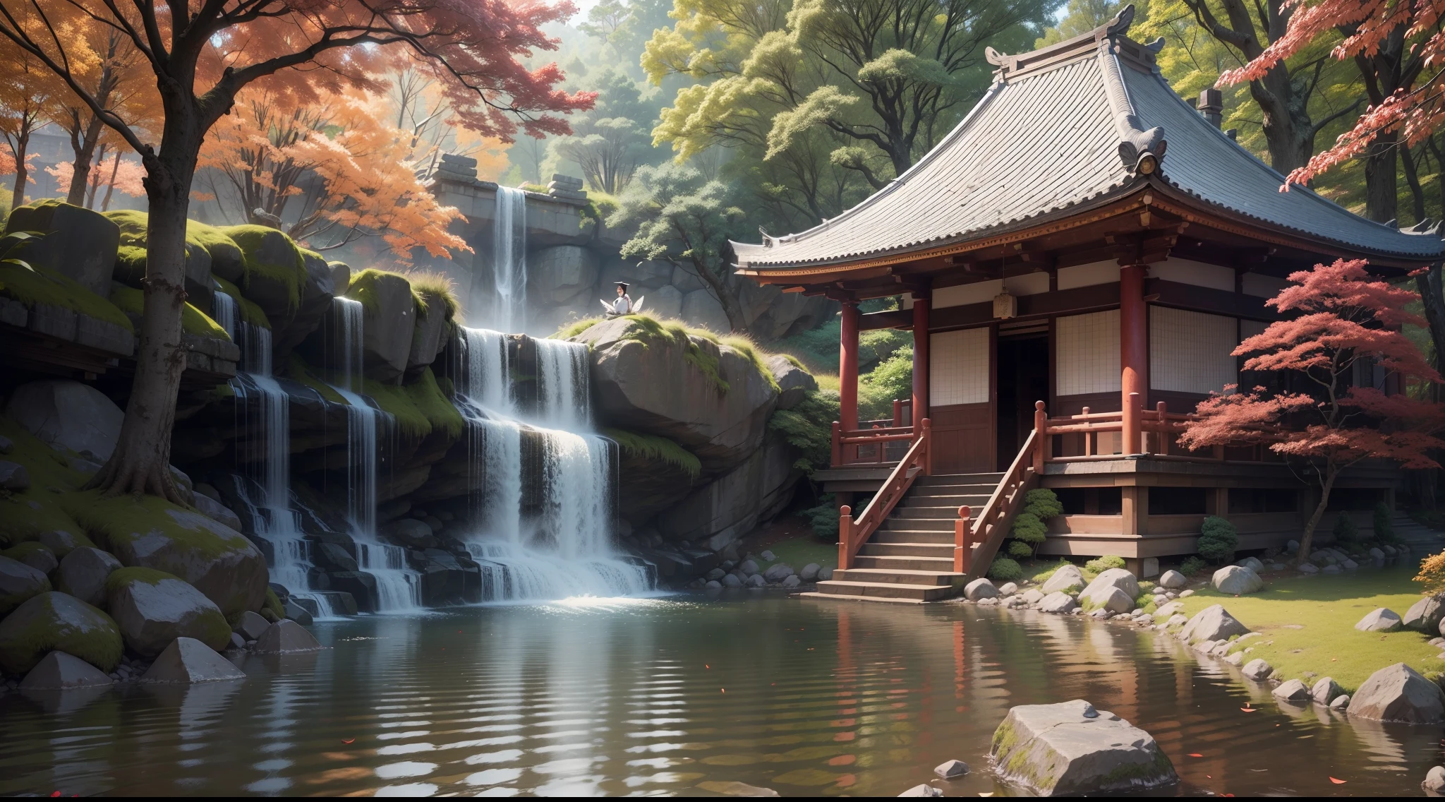 A 60 years old Japanese martial art Sensei (teacher) tech the studends new karate's tricks, in the old temple where small waterfall river, beautiful red trees, peacefull environment, birds are sit on the tree, highly detailed texture, 8K UHD, shoot with Sony alpha a7.