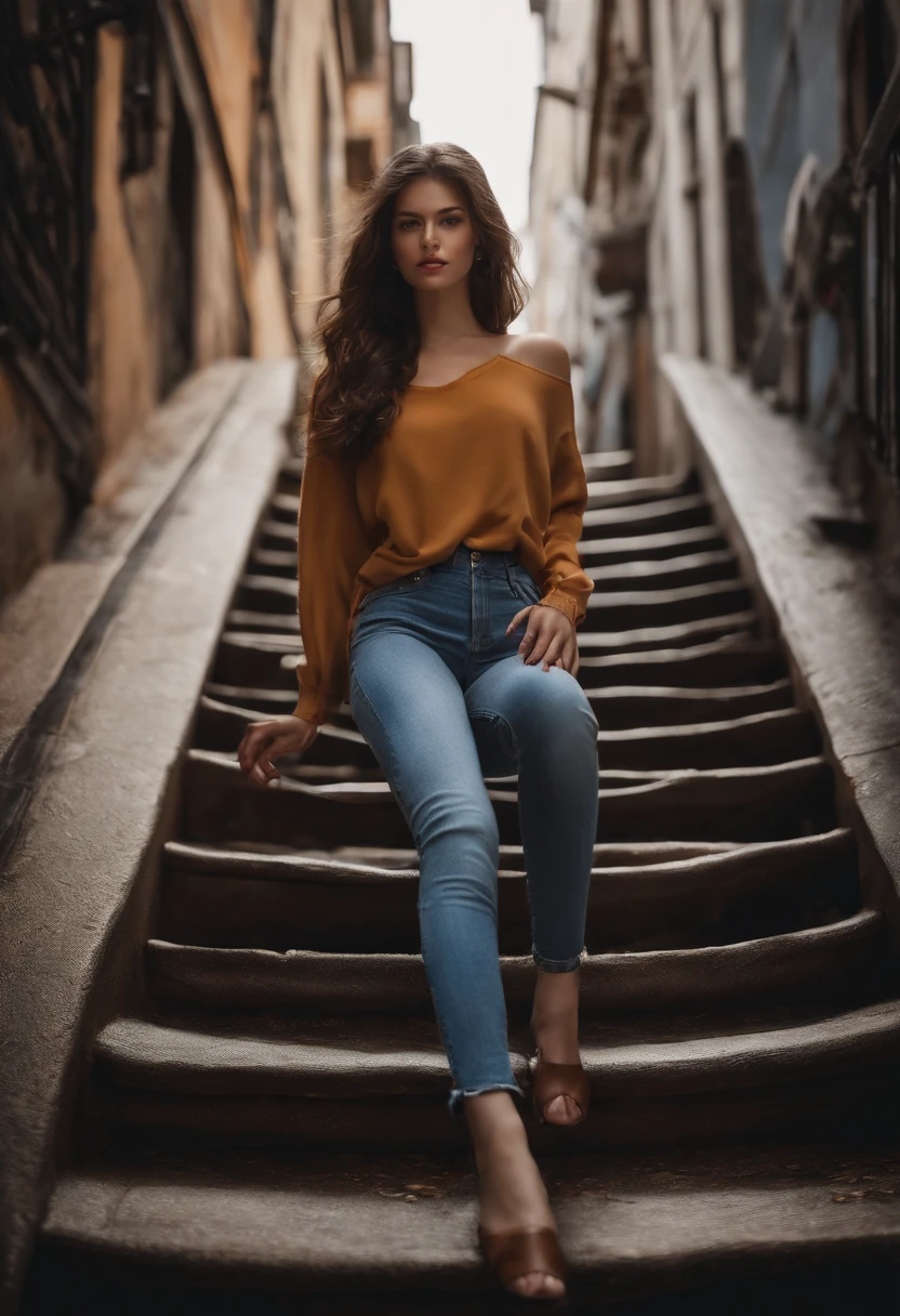brunette, 1girl, cute, stairs, jeans, young, skinny, (3N1DS1NCL41R:0.9), realistic photo, extreme detail, street photo, {best quality}, {{masterpiece}}, {highres}