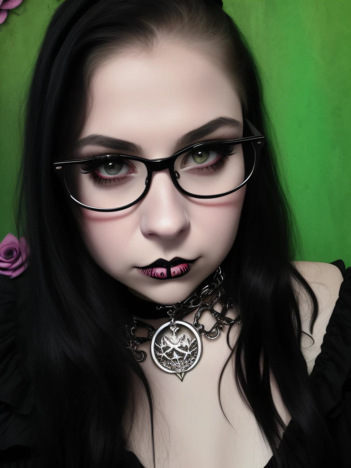 There's a woman with glasses and a chokehold with a necklace, obras de arte no estilo de guweiz, 1 7 - - old me goth girl, retrato estilo anime, retrato de rossdraws, portrait of a goth catgirl, estilo de realismo de anime, Ross Draws 1. 0, Ross Draws 2. 5, estilo anime semi-realista, goth girl