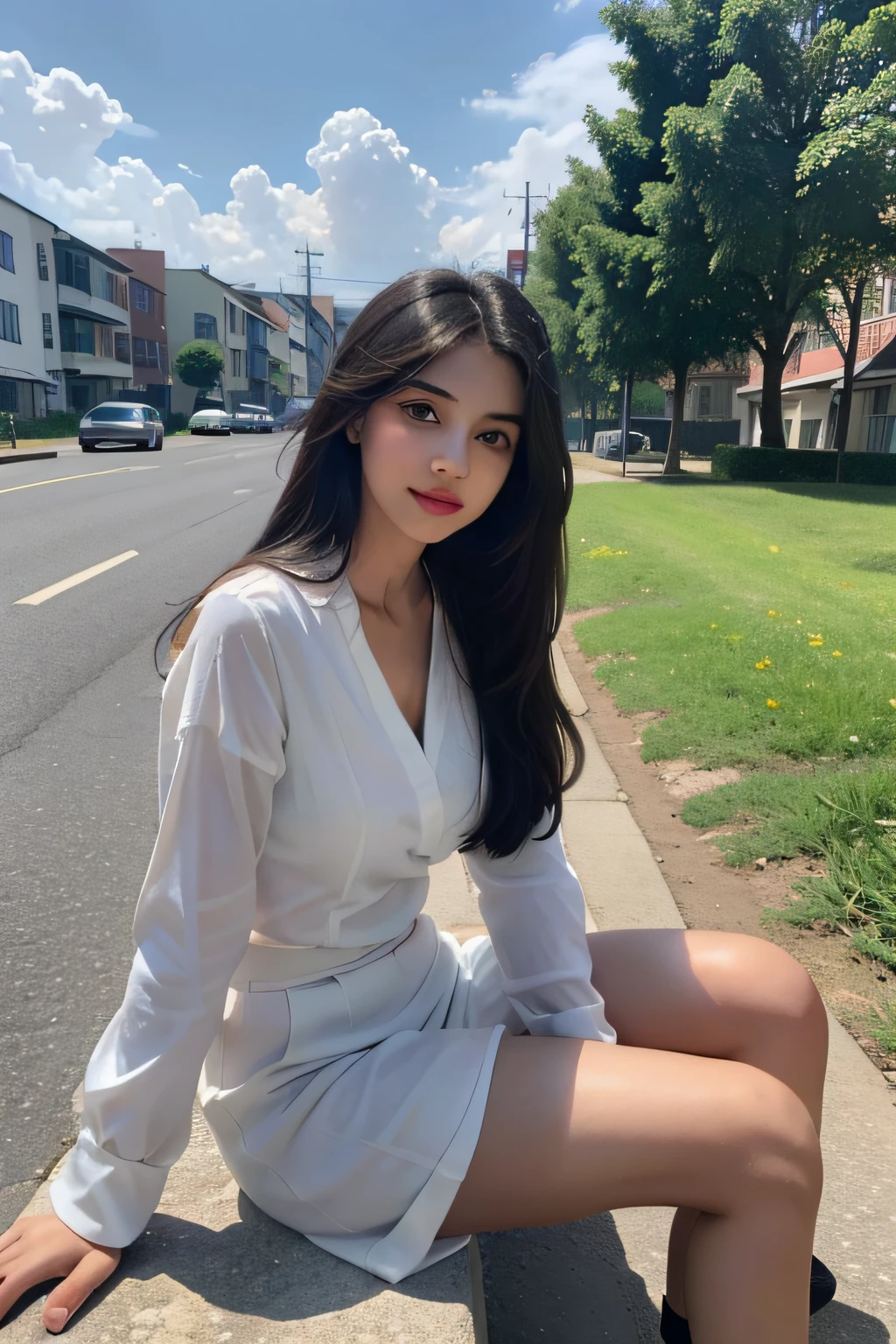 ((Best Quality, 8K, Masterpiece:1.3)), A beautiful girl, pure, melon face, gentle and cute, sweet smile, pure desire, thin figure, (frontal), (tilted head), looking directly at the camera, uniform, obi, formal, black silky long straight hair, long hair flowing over the shoulders, round black big eyes, clear big eyes, moist red lips, sweet, sitting on the side of the road, blue sky and white clouds, grass, buildings, pakistani girl