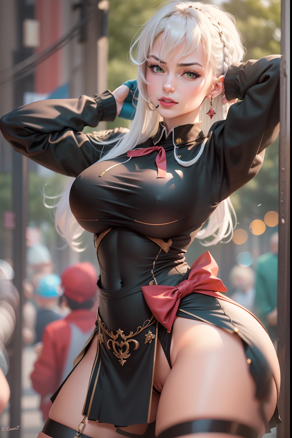 1 woman, 25 years, 独奏, ((Adult woman)), ((Muscular woman)), ((Evil Green)), evil smirk, red-lips, Long hair, white colored hair, red eyes, Long hair, braided ponytail, hair ornament, Bangs, wide shoulders, elastic hips, elastic ass, Elastic breasts, makeup, red eyeshadow, blusher, ((medium boobs)), ((Slim waist)), ((Slim ass)), clothes lift, Stockings, black stockings, blusher, bellybutton, Shirt, mouth hold, clothes lift, skirt lift, lifted by self, white  shirt, shirt in mouth, underbreasts, Clothes in the mouth, bow panties, tshirt, No bra, short sleeves, gloves, uniform, white gloves, military uniform, Military, lifted by self, (cameltoe:1.3), Indoors, Bangs, Window, skirt lift, red skirt, long sleeves, skirt lift, , large breasts, Elastic breasts, elastic hips, (Detailer:1.3), (Realistic:1.3) squatting cowgirl position, ass pov, 1.3), (cameltoe:1.0), (Detailed: 1.0), beste-Qualit, 4k, High image detail, (Realistic:1.0), (detailized face: 1.0), (A clear body figure: 1.0), On the street in the park, Green trees in the background, simple blurred background