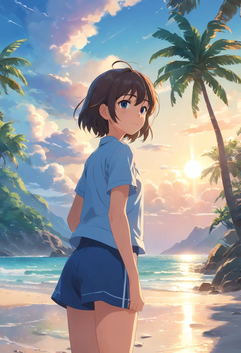 ((Extremely detailed)),, (8K), Best Quality, (Beautiful),((masutepiece)), ((Best Quality)), Beautiful girls,Realistic portraits,a straw fedora hat, (Ultra-detailed), ((kawaii)), Cute, (lovely),plein air、blured background:1.5、((South Island、Palm trees、Blue Sea、blue open sky、cumulonimbus clouds))