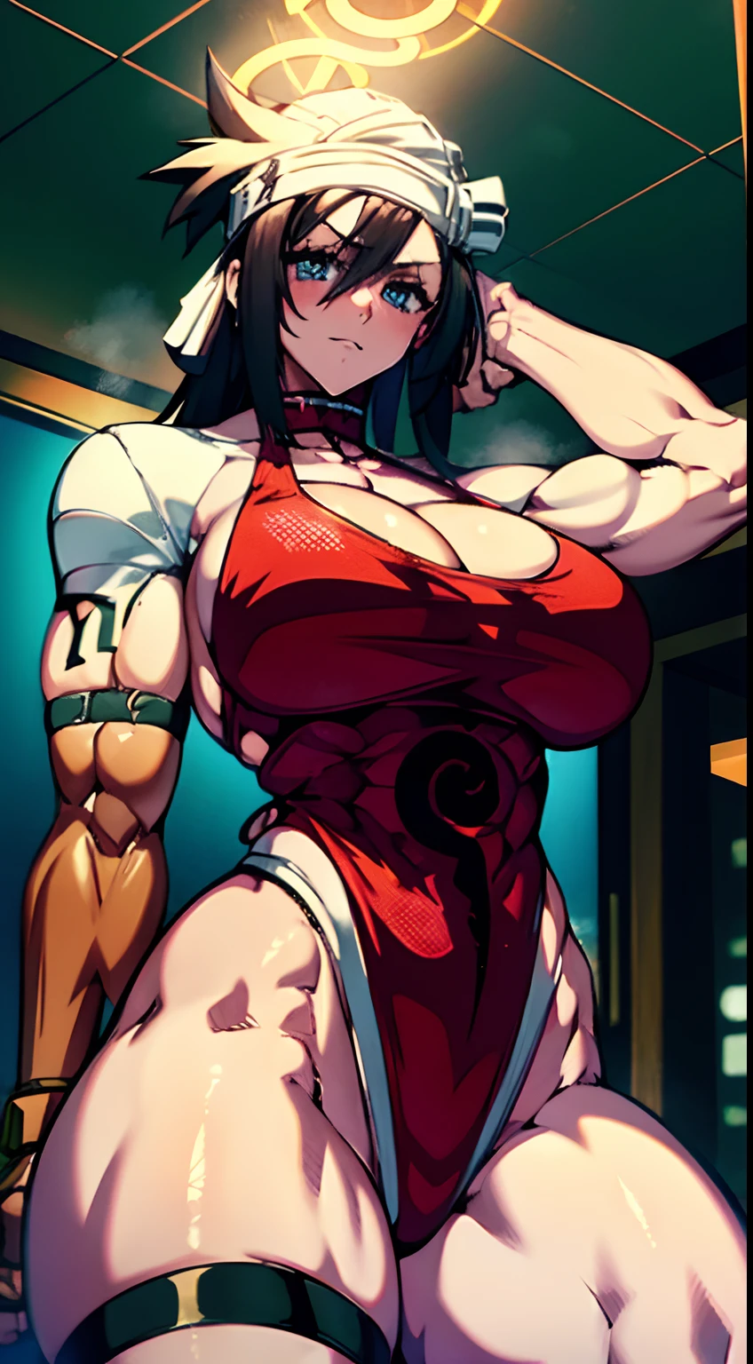 1 girl, anime girl, best quality, bodybuilding, muscle, big, wallpaper, hotel, blush, side visible pose, seductive, cyberpunk suit, large full breasts, The strongest in the world, The blood vessels in the arm bulge like a snake,