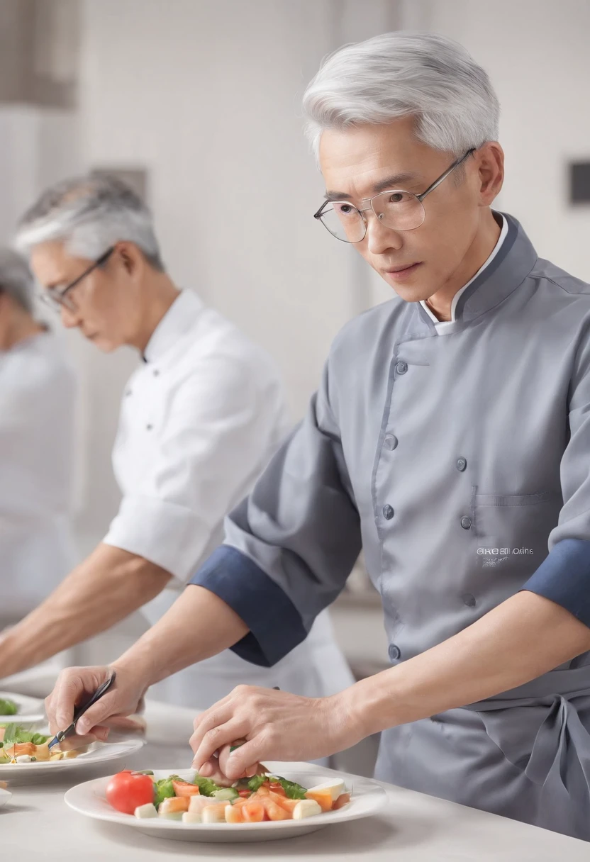 In the classroom,The teacher is lecturing the students,Gray-haired old teacher,Asian people,wears glasses,closeup cleavage,sharp focus on eyes,8K,super-fine,oil painted,Hyper-realistic,best qualtiy