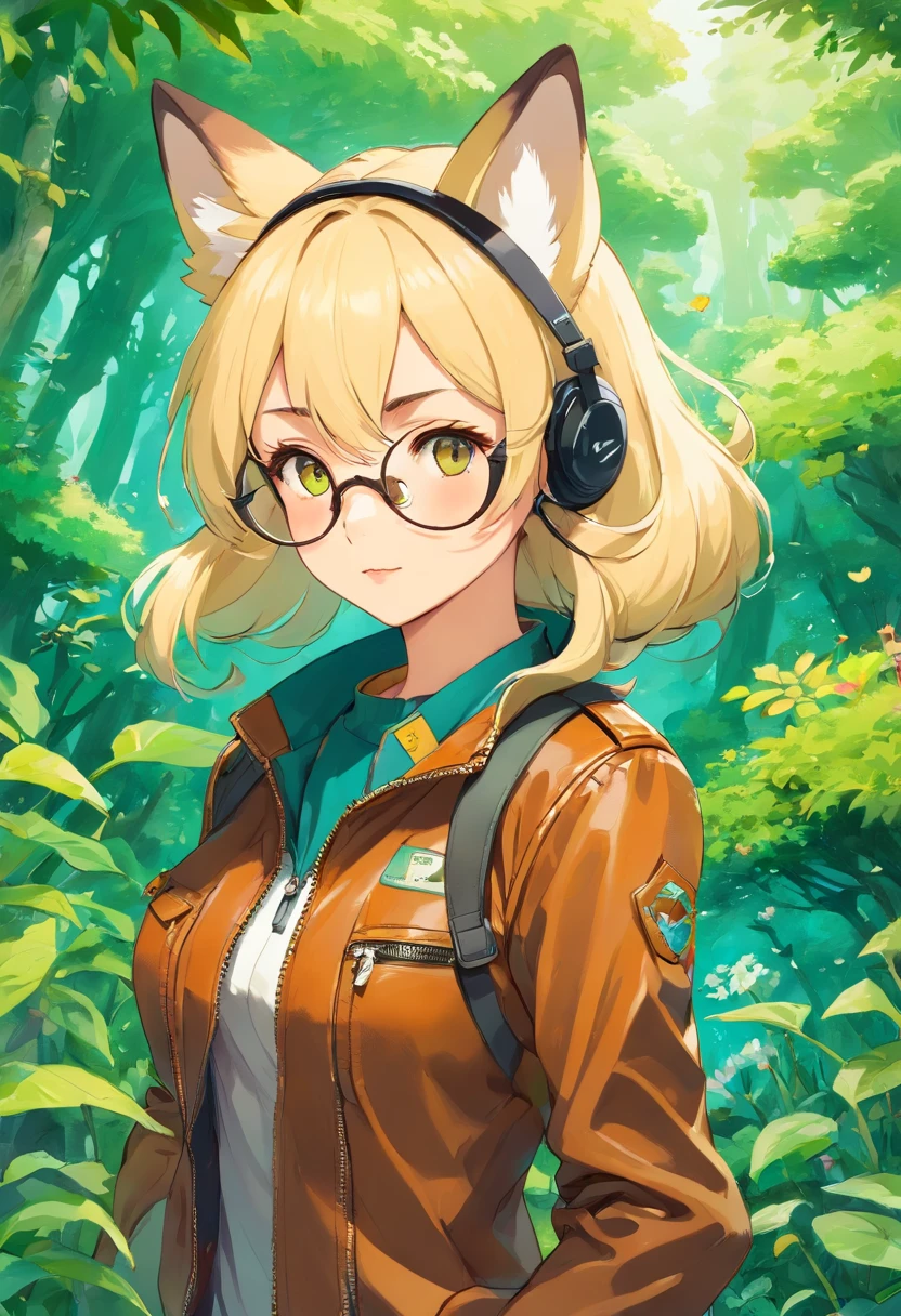 a, (fox girl), blonde, (adult female), tight clothes, wearing an old (brown) leather (pilot jacket), pilot goggles, with david clark headset (green), in the style of tranquil gardenscapes, colorful animation stills, masami teraoka, aquamarine, paul gauguin, Embry style, honest portrayal