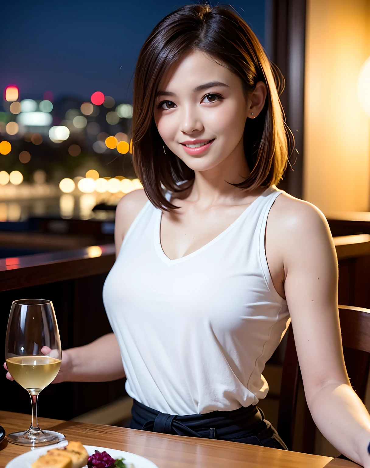 (64K, UHD, top quality, masterpiece: 1.2), (realistic, photorealistic: 1.37), super detailed, pretty woman 1 person, (slim face), (slim body), (brown hair), (short cut), cheeks slightly blushing, (44 years old), 38 years old, solo, beautiful detailed urban night view outside the window, restaurant, wine glasses sit, at night, in a prominent placeNovaFrogStyle, Actress, Model, Waist Up, White Wine, Slim, Wine Glass, Super Clean Night View, Wine Glass Put in the Middle, Happy Smile, (Smile: 1.15), Beautiful Fine Eyes, Upper Body, Bust Japan Up, Night, Short, Short, Actress, Model, Waist Up, White Wine, Slim, Wine Glass, Super Clean Night View, Wine Glass Put in the Middle, Happy Smile,