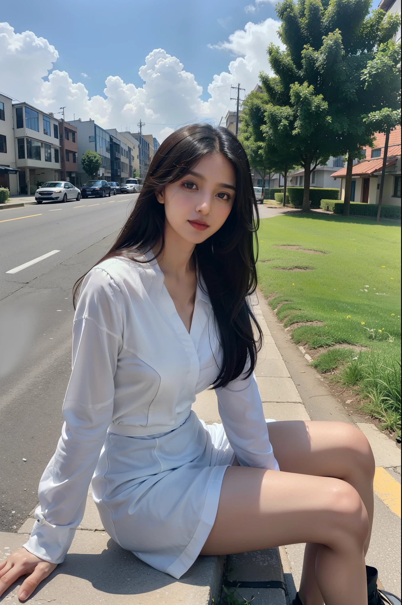 ((Best Quality, 8K, Masterpiece:1.3)), A beautiful girl, pure, melon face, gentle and cute, sweet smile, pure desire, thin figure, (frontal), (tilted head), looking directly at the camera, uniform, obi, formal, black silky long straight hair, long hair flowing over the shoulders, round black big eyes, clear big eyes, moist red lips, sweet, sitting on the side of the road, blue sky and white clouds, grass, buildings, pakistani girl