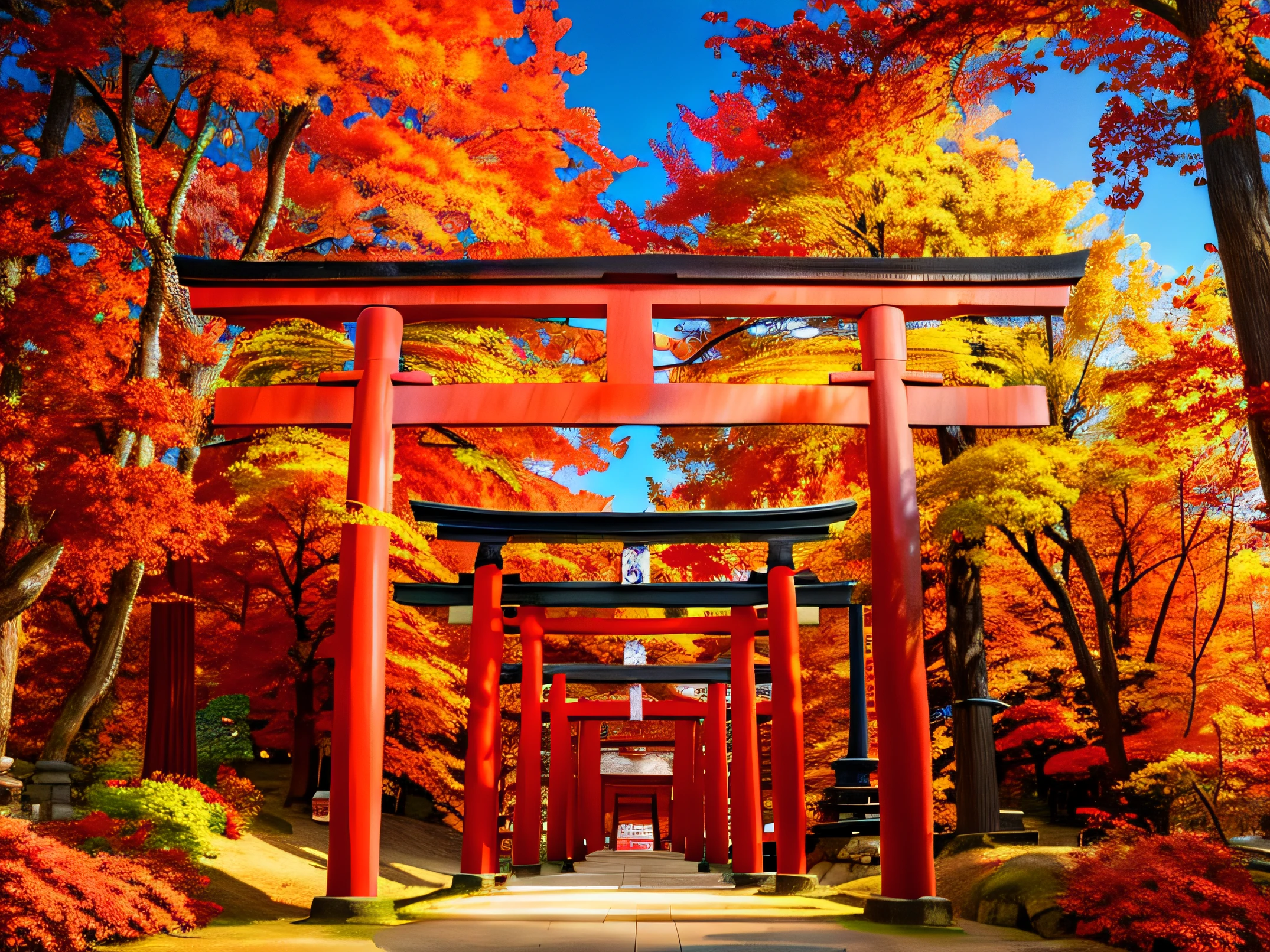 There is a red bird torii gate in the middle of the forest, centered torii gate, torii gate, inspired by Torii Kiyomoto, torii, The tree々A torii gate in the mountains with, japanese torii in a moutain, inari shrine, Shrine of Japan, torii in the background, shrines, near a japanese shrine