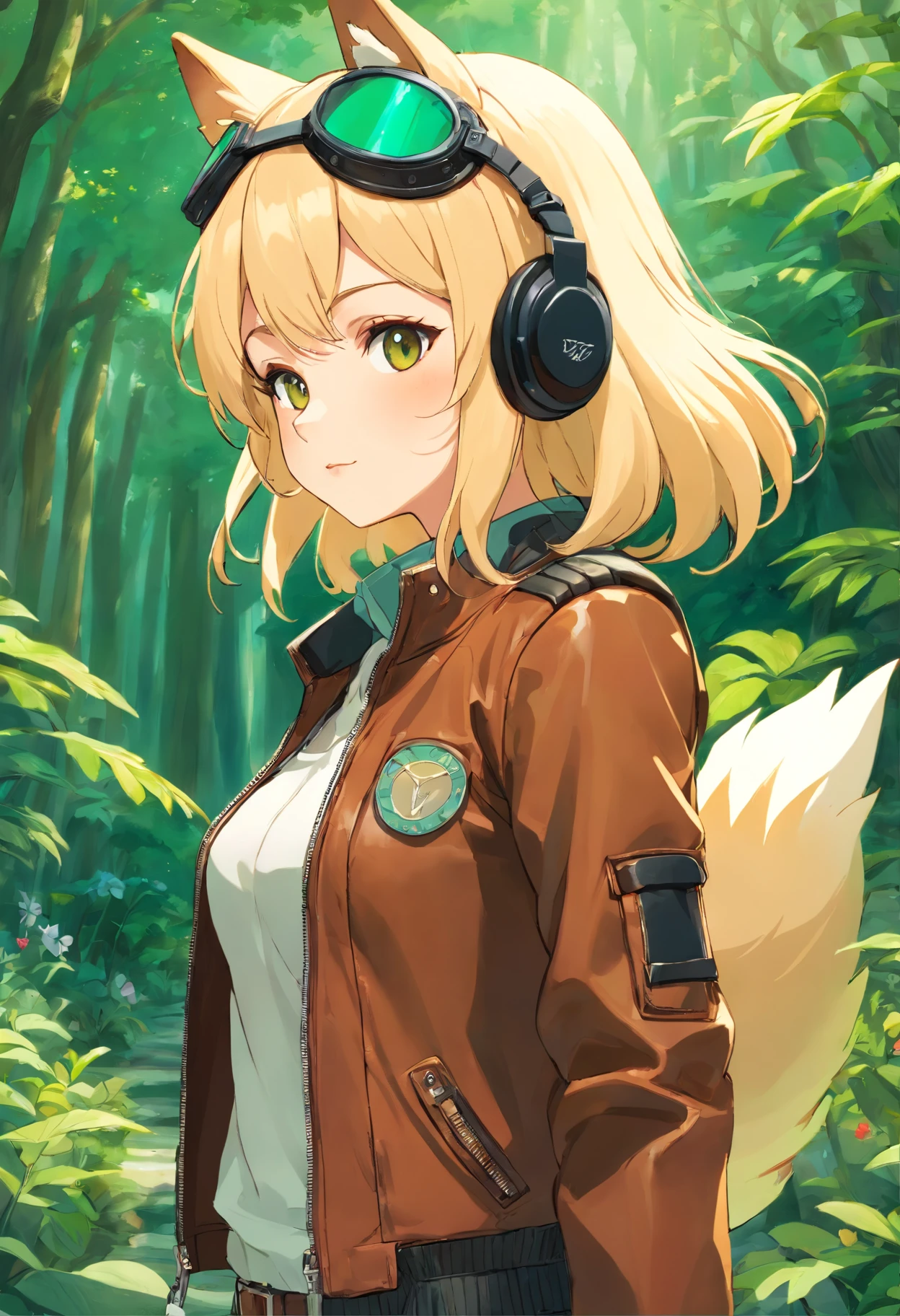 a, (fox girl), blonde, (adult female), tight clothes, wearing an old (brown) leather (pilot jacket), pilot goggles, with david clark headset (green), in the style of tranquil gardenscapes, colorful animation stills, masami teraoka, aquamarine, paul gauguin, Embry style, honest portrayal