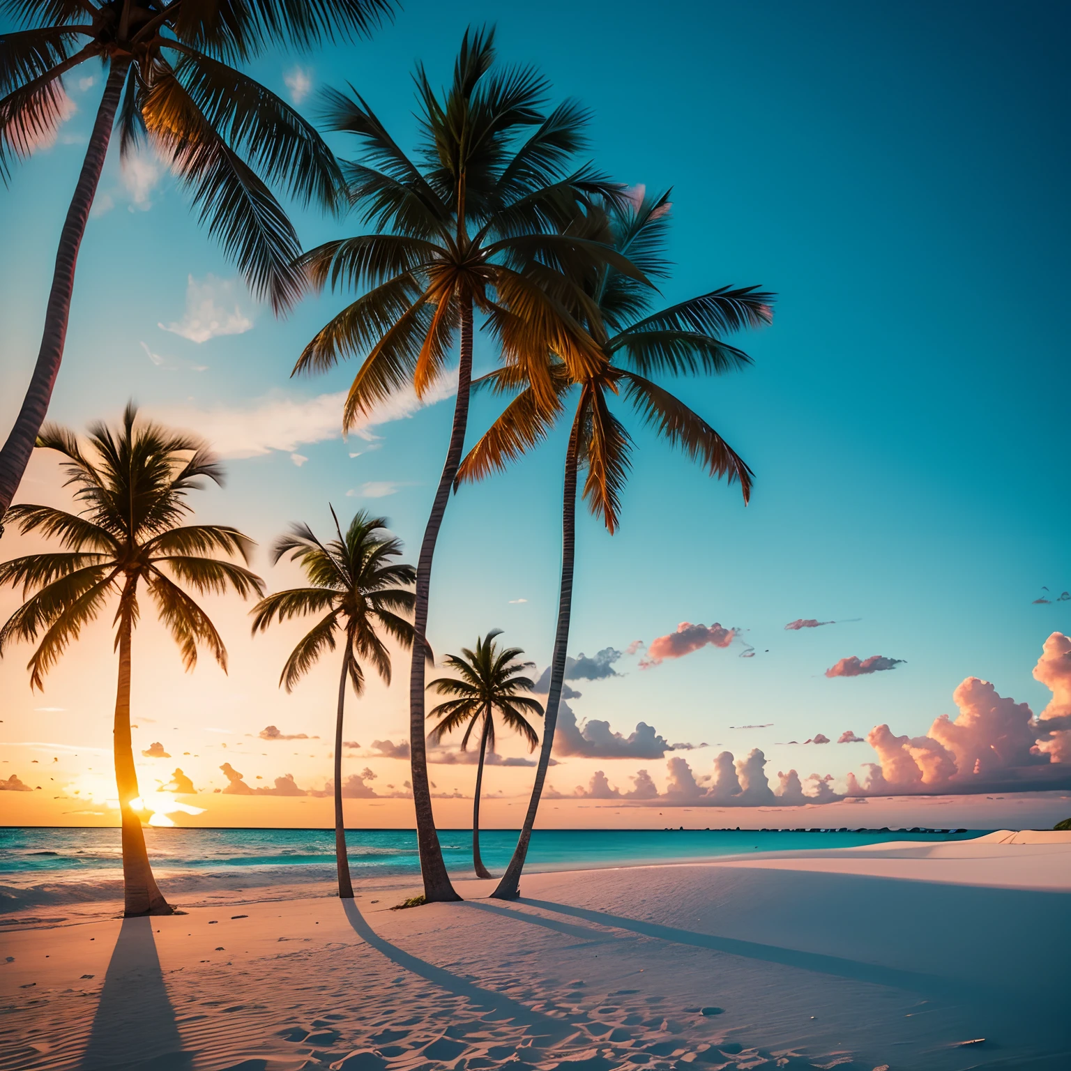 Generate an image of a pristine tropical beach with white sands, turquoise waters, swaying palm trees, and a vibrant sunset.