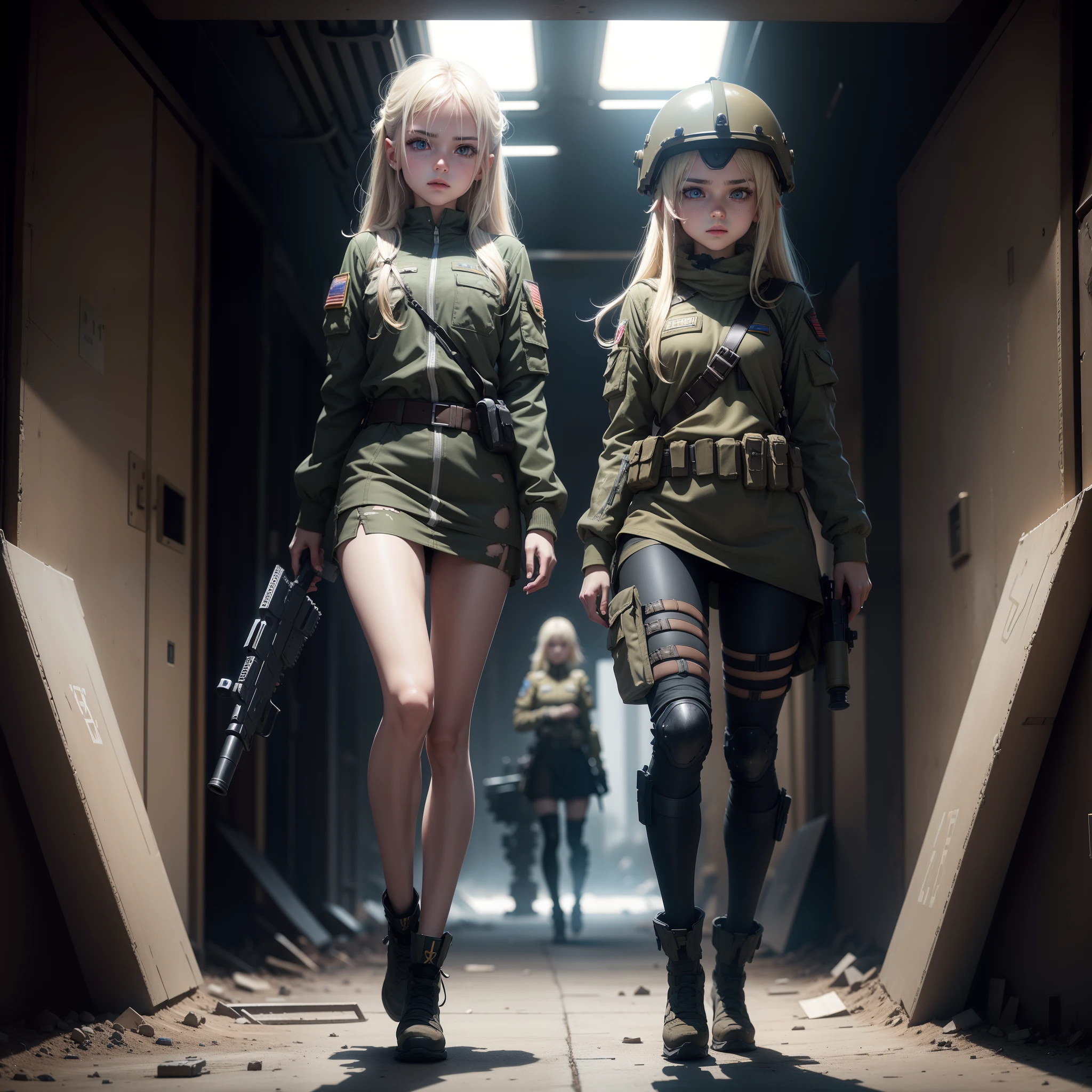 Two Ukrainian girls boarding a tank , Ukrainian anime girls , , Ukraine , Full body composition of young girl with messy bright blonde hair, eye make up, , Soft lighting, Solo, Old torn dirty shabby futuristic military uniform, badges, Pose, Blotch color, Octane Render, Hyperrealistic intricate detail, Cinematic, 8K resolution, 70mm, Accent Lighting, Global Illumination, Full body portrait, clean detailed faces, intricate clothing, Cute face, flat chest, Slim waist, Slim legs, small hips,Ordinary soldier clothes,Wearing a helmet,Holding a gun