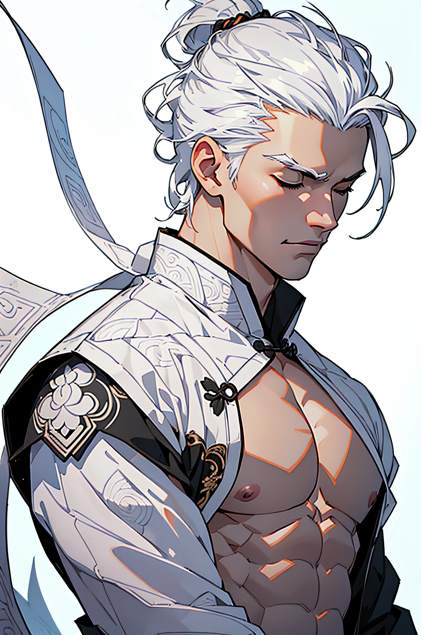 (White ethereal background:1.4), Silhouette of male character, 1 male, no shirt, shirtless male, Eyes closed, white hair, Oriental elements,(Chinese illustration:1.3,paper art:1.3, Quilted paper art:1.2),( reasonable design, Clear lines, High sharpness,Best quality, Very detailed, Masterpiece, movie light effect, 4K )