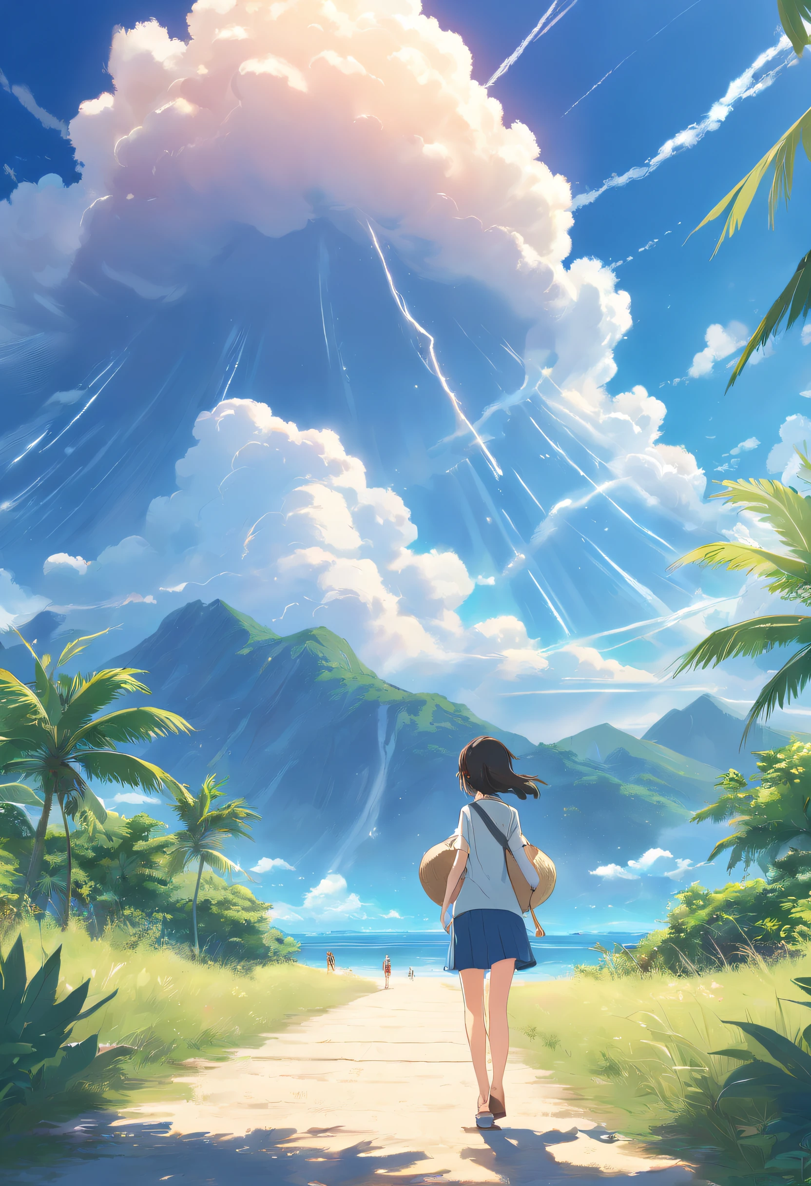 ((Extremely detailed)),, (8K), Best Quality, (Beautiful),((masutepiece)), ((Best Quality)), Beautiful girls,Realistic portraits,a straw fedora hat:1.5, (Ultra-detailed), ((kawaii)), Cute, (lovely),plein air、blured background:1.5、((South Island、Palm trees、Blue Sea、blue open sky、cumulonimbus clouds))