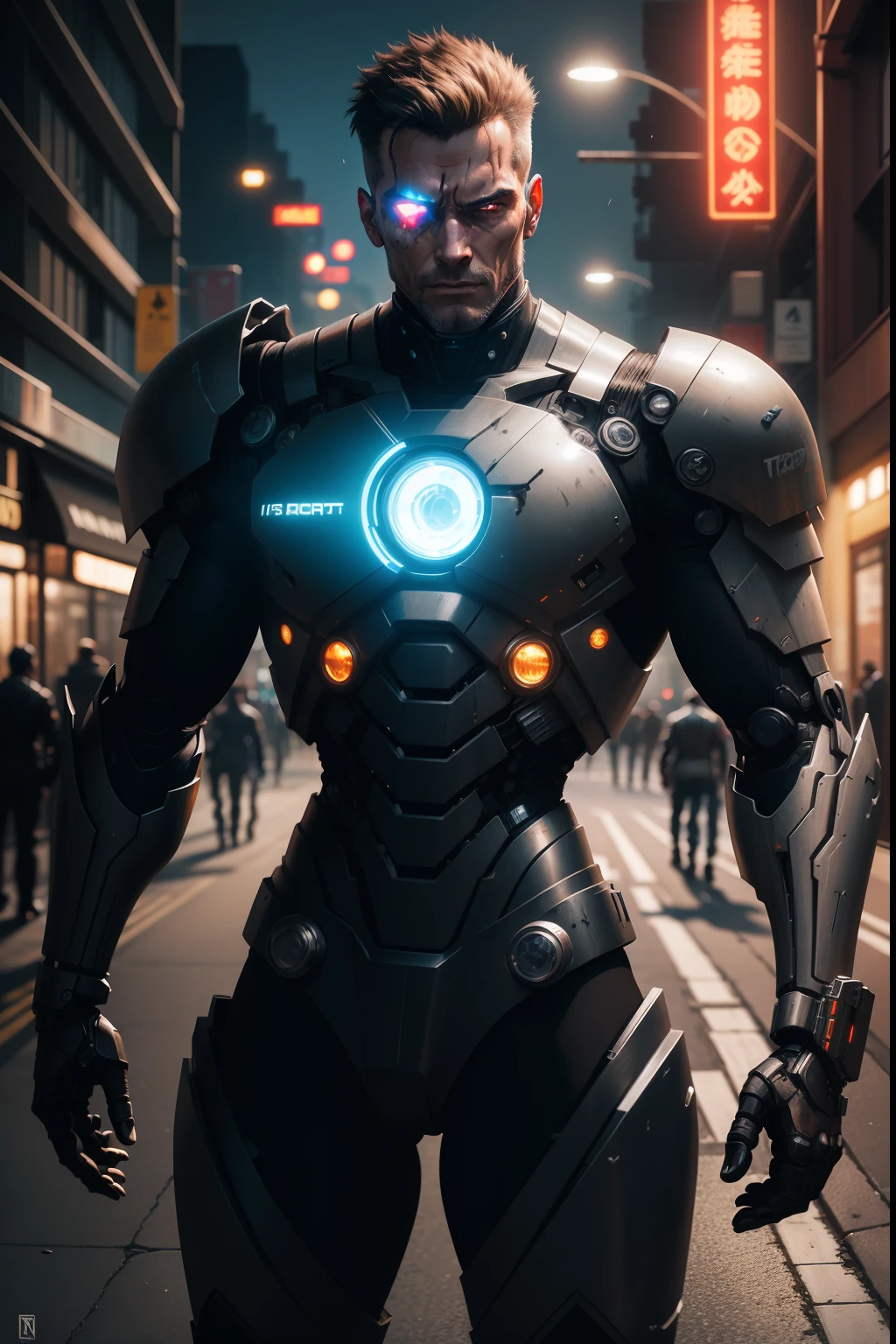 terminator t 800 Dark_Fantasy,Cyberpunk,1man,Mechanical marvel ,Robotic presence ,Cybernetic guardian, wearing a worn-out mech suit, intricate, (steel metal [rusty]), elegant, clear focus, soft lighting, vibrant colors, masterpiece, ((street)), cowboy shot, dynamic pose, 8k, black steel look