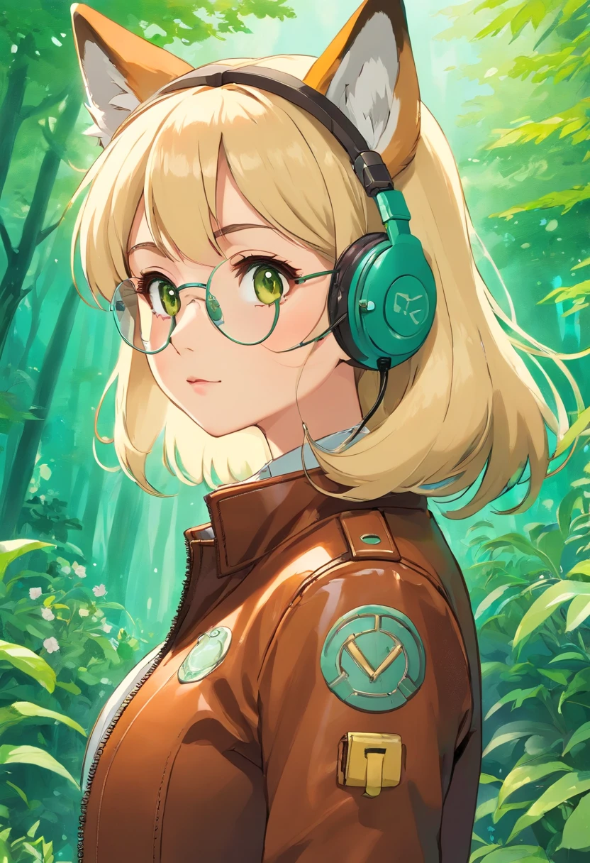 a, (fox girl), blonde, (adult female), tight clothes, wearing an old (brown) leather (pilot jacket), pilot goggles, with david clark headset (green), in the style of tranquil gardenscapes, colorful animation stills, masami teraoka, aquamarine, paul gauguin, Embry style, honest portrayal