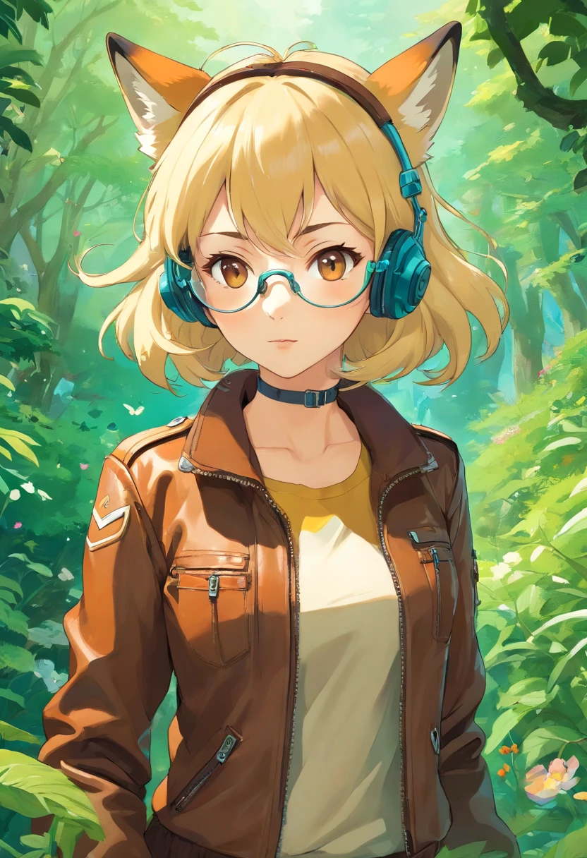 a, (fox girl), blonde, (adult female), tight clothes, wearing an old (brown) leather (pilot jacket), pilot goggles, with david clark headset (green), in the style of tranquil gardenscapes, colorful animation stills, masami teraoka, aquamarine, paul gauguin, Embry style, honest portrayal