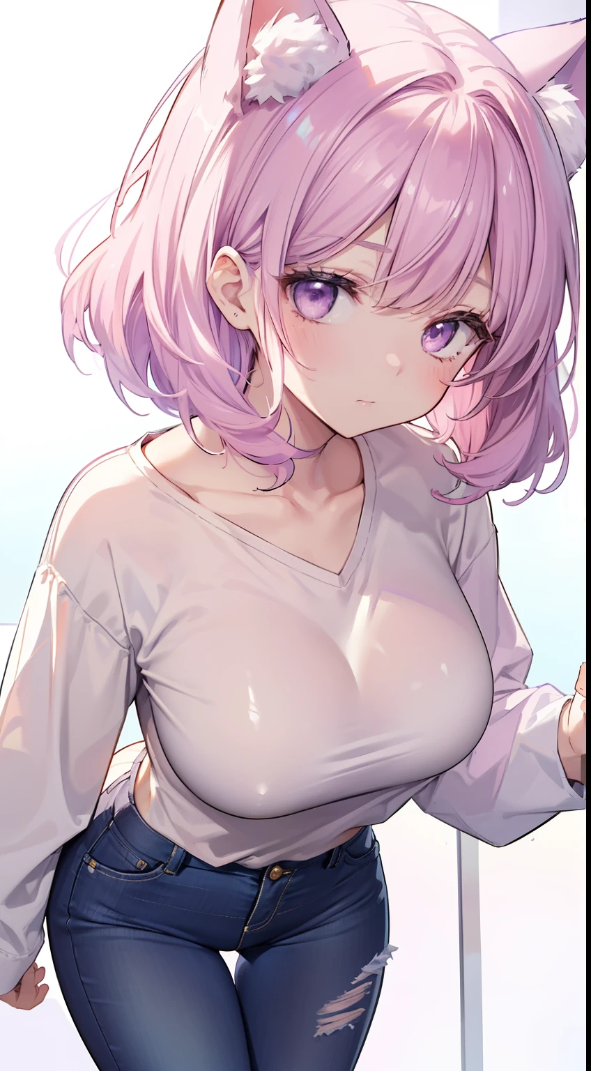 (sketch drawing), (pretty face), (perfect anatomy), (close-up), (1 woman), (large body: 1.2), (pink cheeks: 1.2), (green cat ears ), (beautiful cat ears), (short white shirt), (short jeans), (lilac hair), (purple eyes), (big hair), (medium chest), (legs), (thighs), ( white background: 1,3), (standing), raised