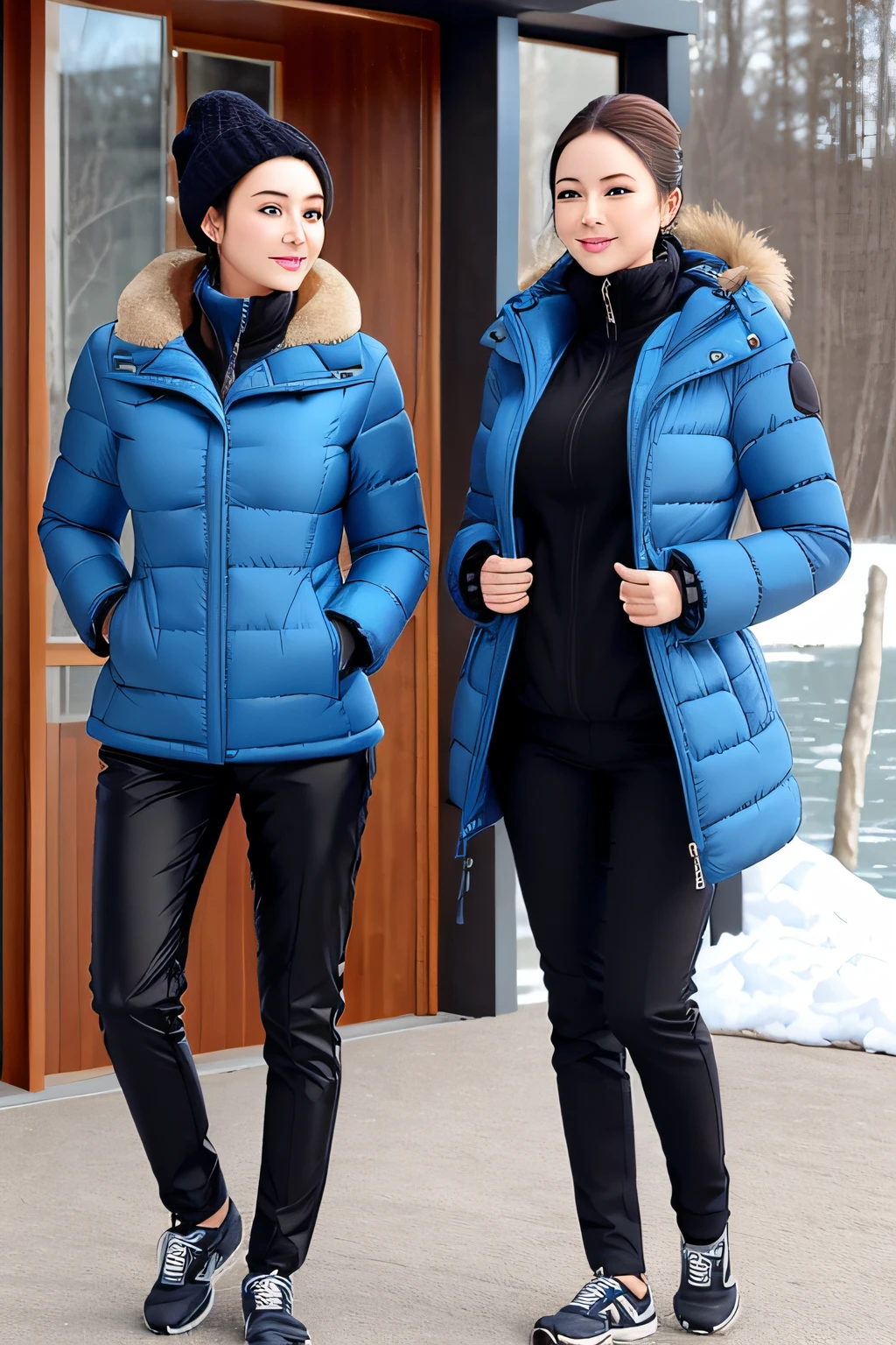 Make a woman with big breast, Blue long winterjacket , with open zipper, with face, body, Lakeside house, travel bag, black pants, dog
