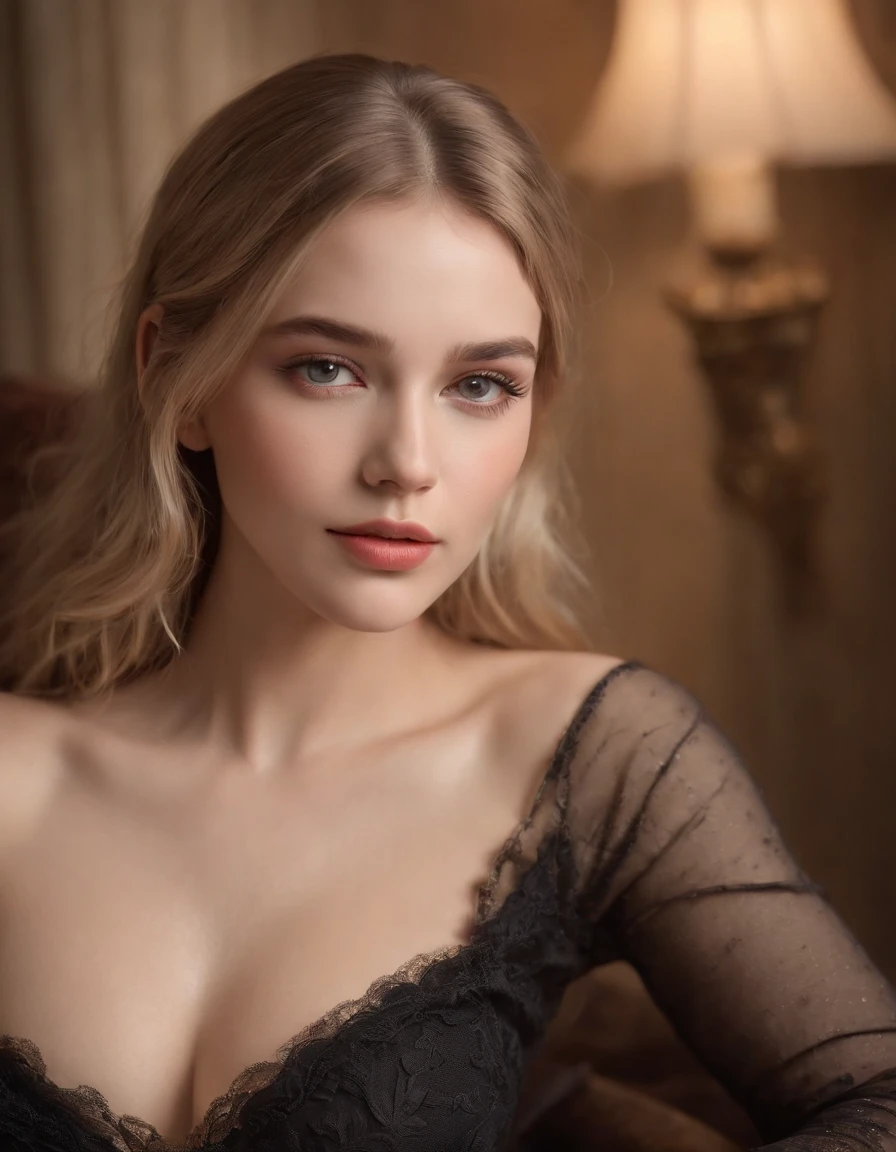 (best quality,4k,8k,highres,masterpiece:1.2),ultra-detailed,(realistic,photorealistic,photo-realistic:1.37),beautiful blonde girl with flowing hair,alluring eyes,full lips,exquisite facial features,wearing black stockings and high heels,posing with a seductive look,sitting gracefully on a plush bed,inside a dimly lit room illuminated by flickering candles,with a romantic and sensual ambience,showcasing elegant decor and luxurious textures,soft and warm color palette,casting gentle shadows and highlights on the girl's figure,enhancing the overall allure and mystery,creating an intimate atmosphere that exudes both elegance and sensuality.