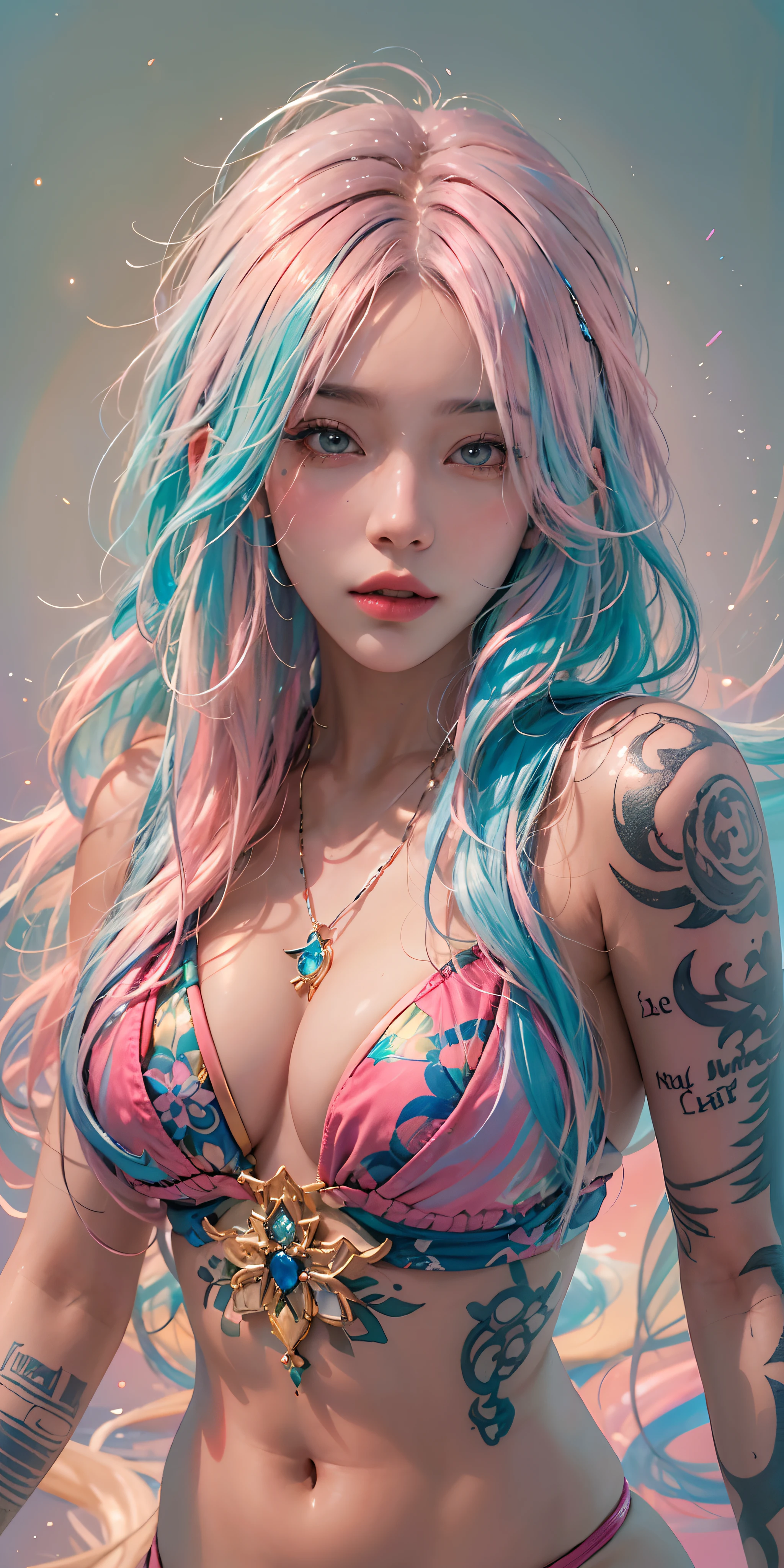 photorealistic, high resolution, soft light,1women, solo, hips up, shining skin, (detailed face),tattoo, jewelry, (rainbow color Hair,colorful hair,half blue and half pink hair:1.2), micro bikini
