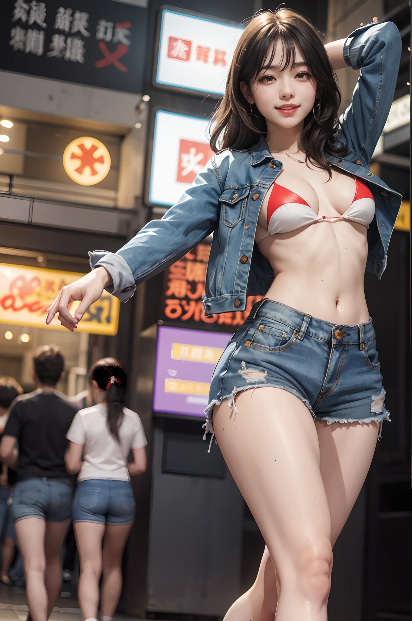 8k, top-quality, (pubic hair beauty)、hight resolution, realisticlying, realperson, Red Light District at Night、There are many signboards、The light on the sign is dazzling、Dancing in different poses on stage、The best smile、Fun and smiling、One young and beautiful girl、Reveal madness、Inviting eyes、Martial Arts Tournaments、Serious Serious Competition、denim short pants、toppless、high-heels